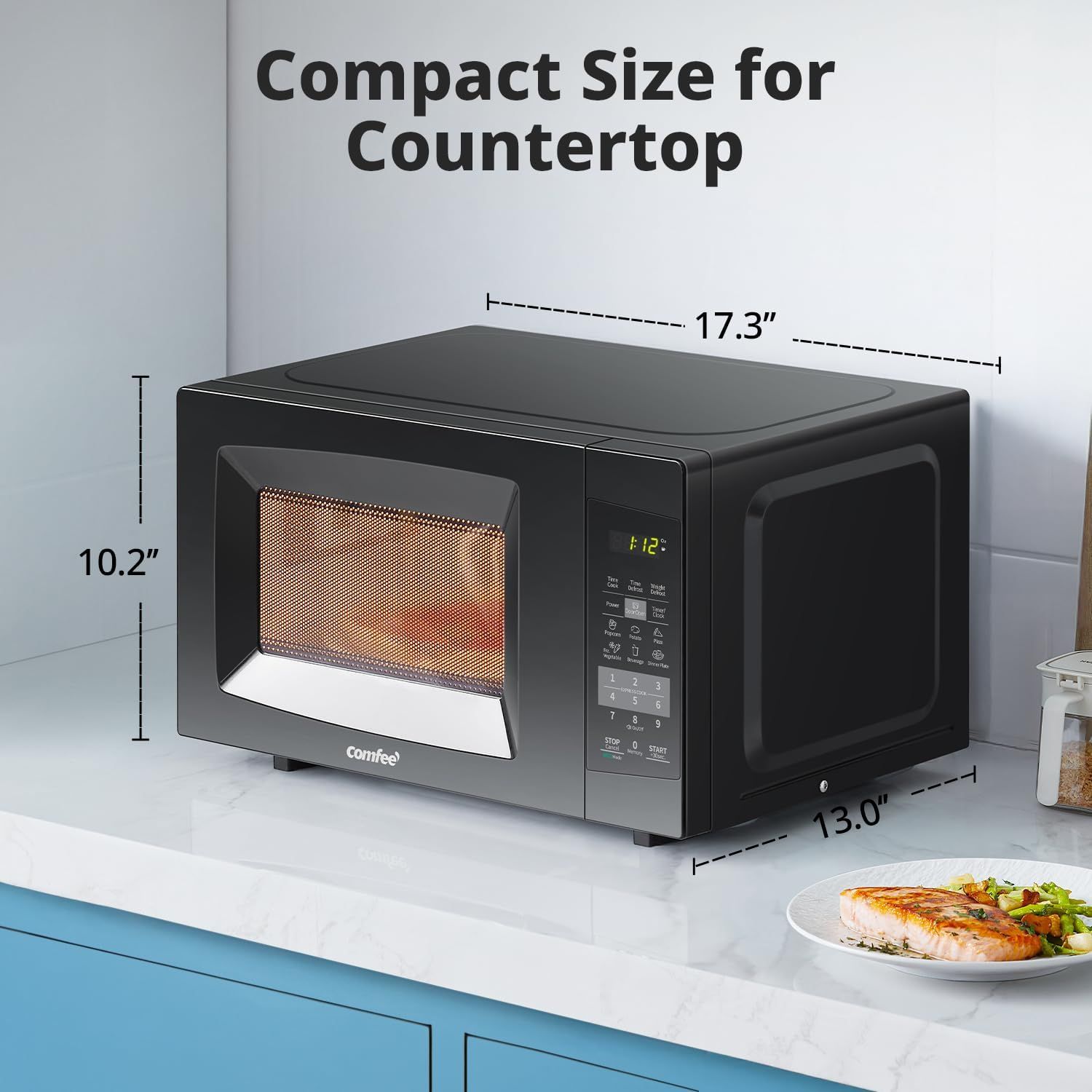 Communicates the physical dimensions of the microwave (17.3" x 13.0" x 10.2") to reassure shoppers that it will fit comfortably on their countertop without taking up excessive space.