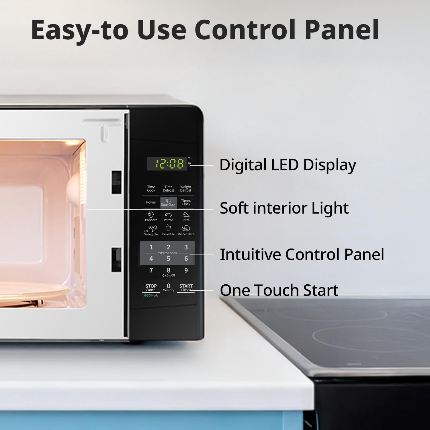 Communicates multiple ease-of-use features of the microwave control panel to reassure shoppers that the appliance is user-friendly and convenient to operate.