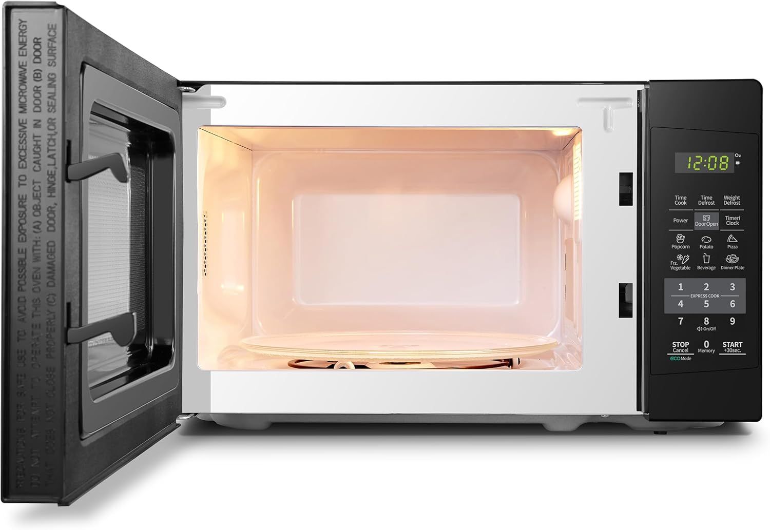 Shows the microwave's spacious interior and control panel layout to help shoppers understand the product's physical design and usability features.