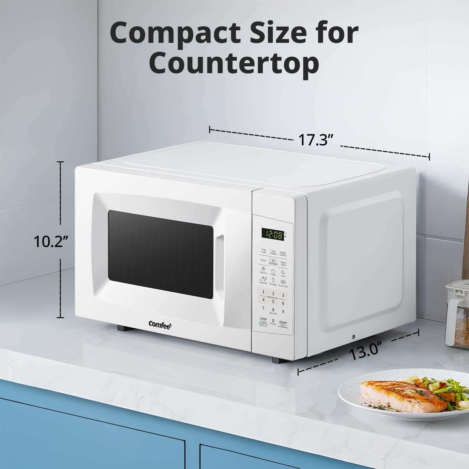 Communicates the physical dimensions of the microwave to reassure shoppers it will fit on their countertop without taking up excessive space.