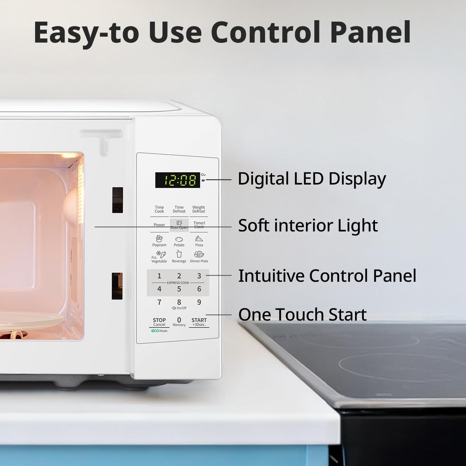This image breaks down the microwave's key physical components and interface elements with labeled callouts, helping shoppers understand the control panel layout and ease of use.
