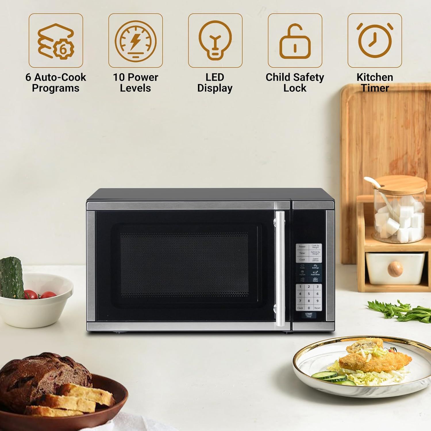Communicates the microwave's key features in a segmented layout to help shoppers quickly understand the product's versatility, safety, and convenience benefits.