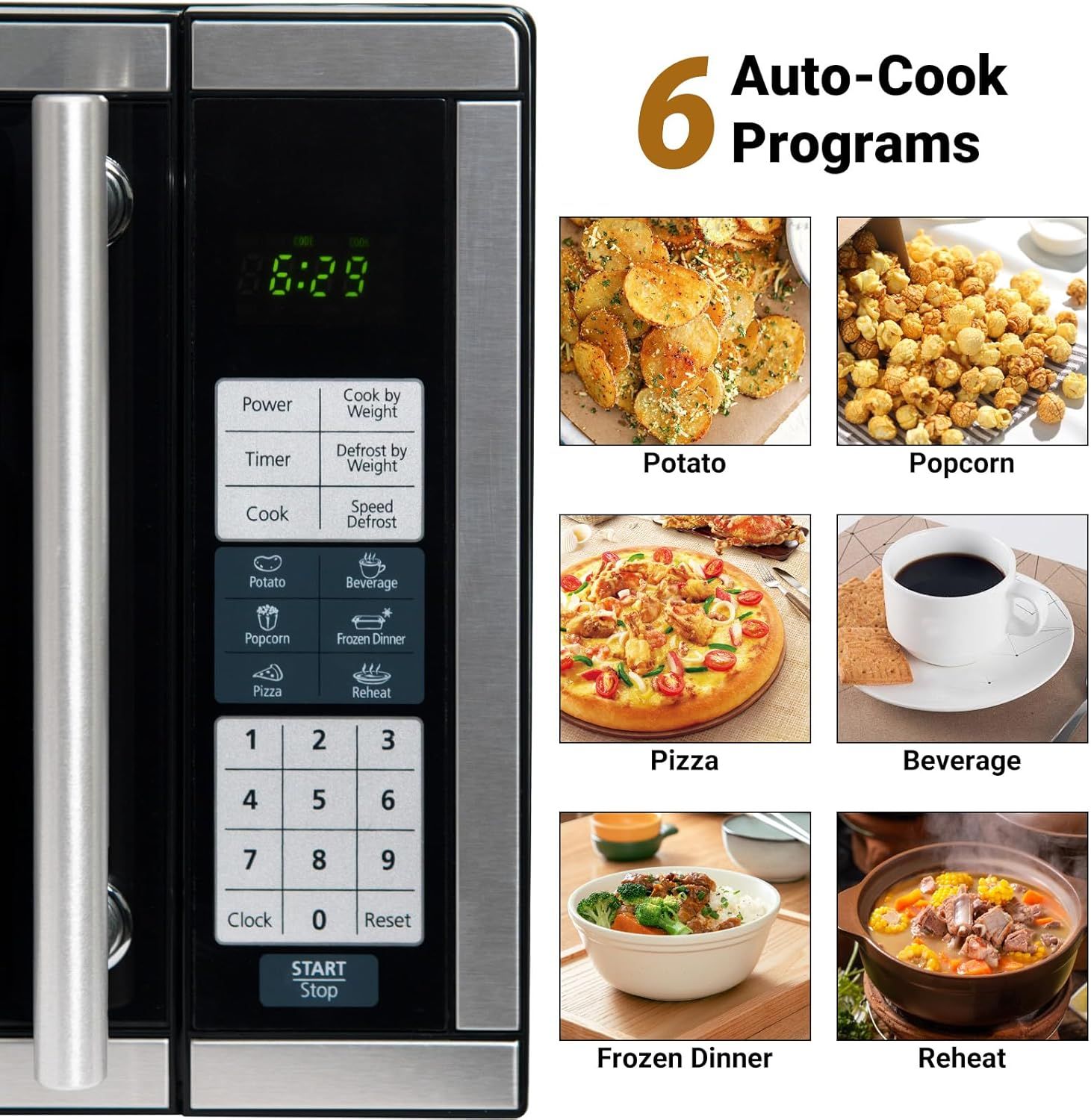 Demonstrates the multiple preset cooking programs available on the microwave, showing shoppers the variety of foods and tasks the appliance can handle automatically.