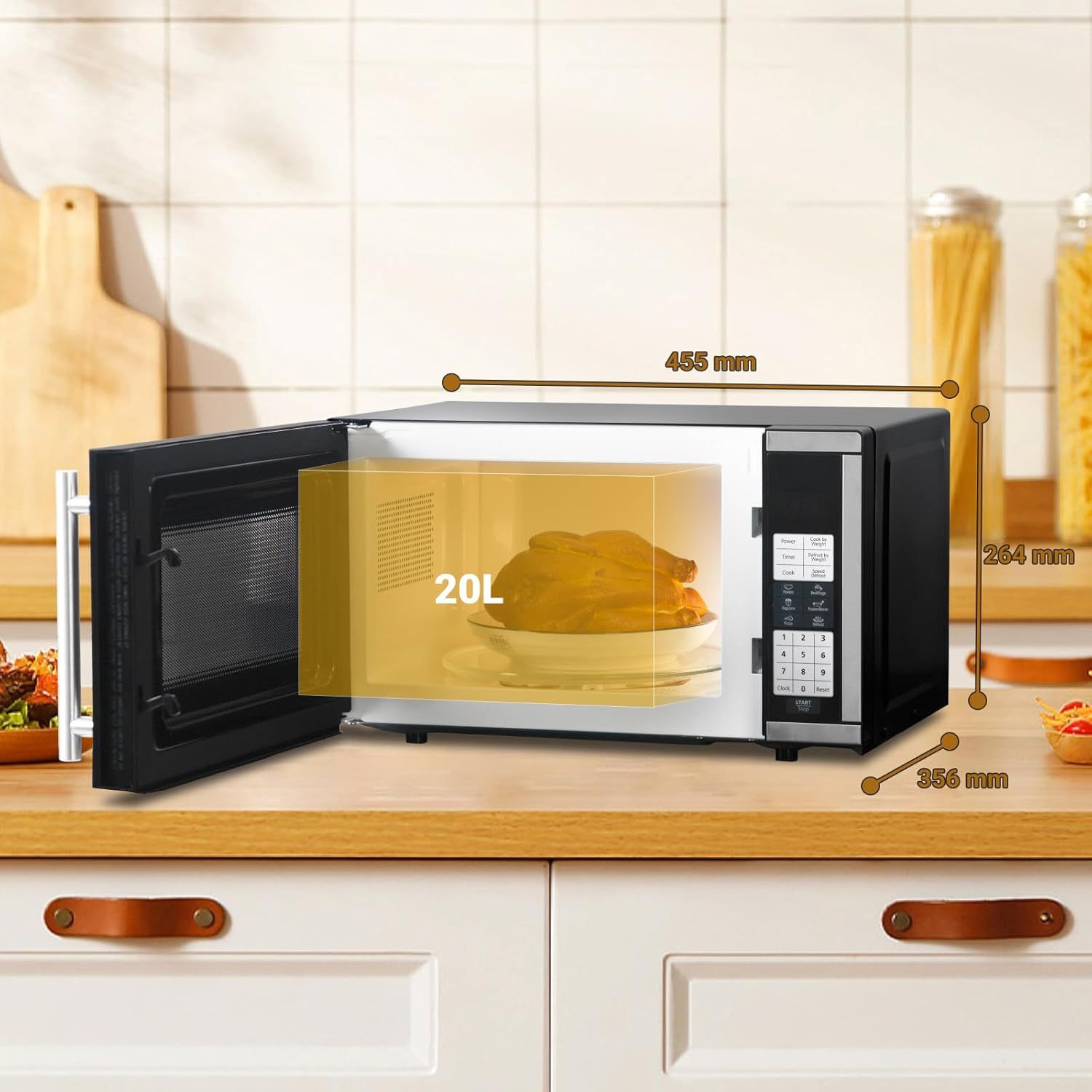 Communicates the exact physical dimensions (455mm x 264mm x 356mm) and 20L capacity of the microwave to help shoppers understand if it will fit their space and meet their needs. Highlights the…