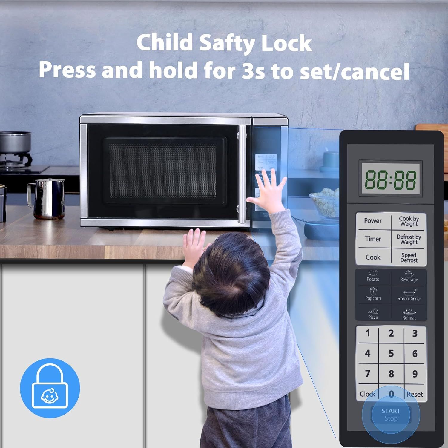 Reassures parents that the microwave has a child safety lock feature that prevents accidental operation by children, providing peace of mind in family households. Demonstrates how to activate and…