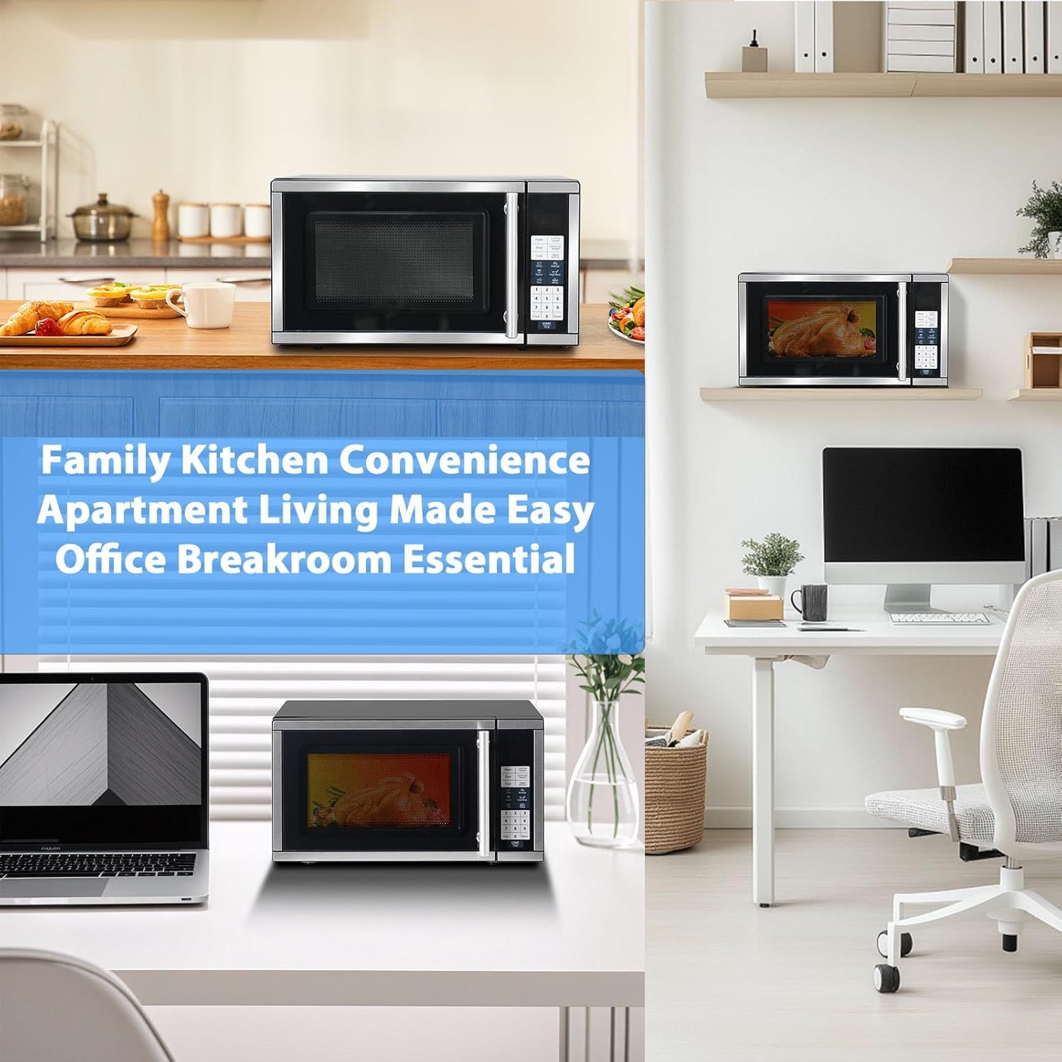 Demonstrates the microwave's versatility by showing it in multiple real-world environments (family kitchen, apartment, office), reassuring shoppers that it fits various lifestyles and spaces.