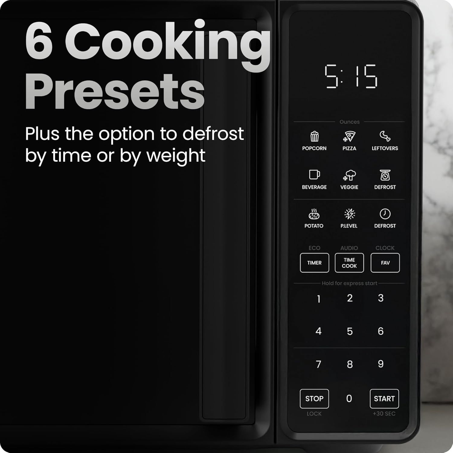 Highlights the convenience of 6 one-touch cooking presets and flexible defrost options to reassure shoppers that the microwave simplifies meal preparation.