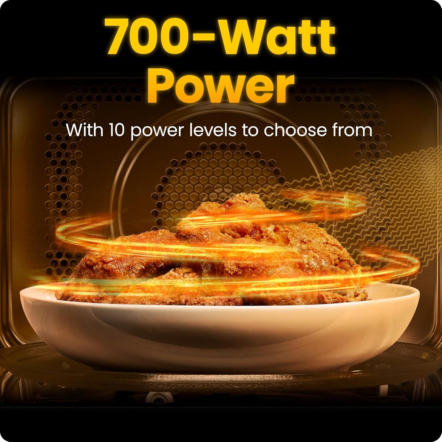 Highlights the microwave's powerful 700-watt capacity and versatile 10 power level settings to communicate cooking performance and customization options to shoppers. Emphasizes the product's strong…