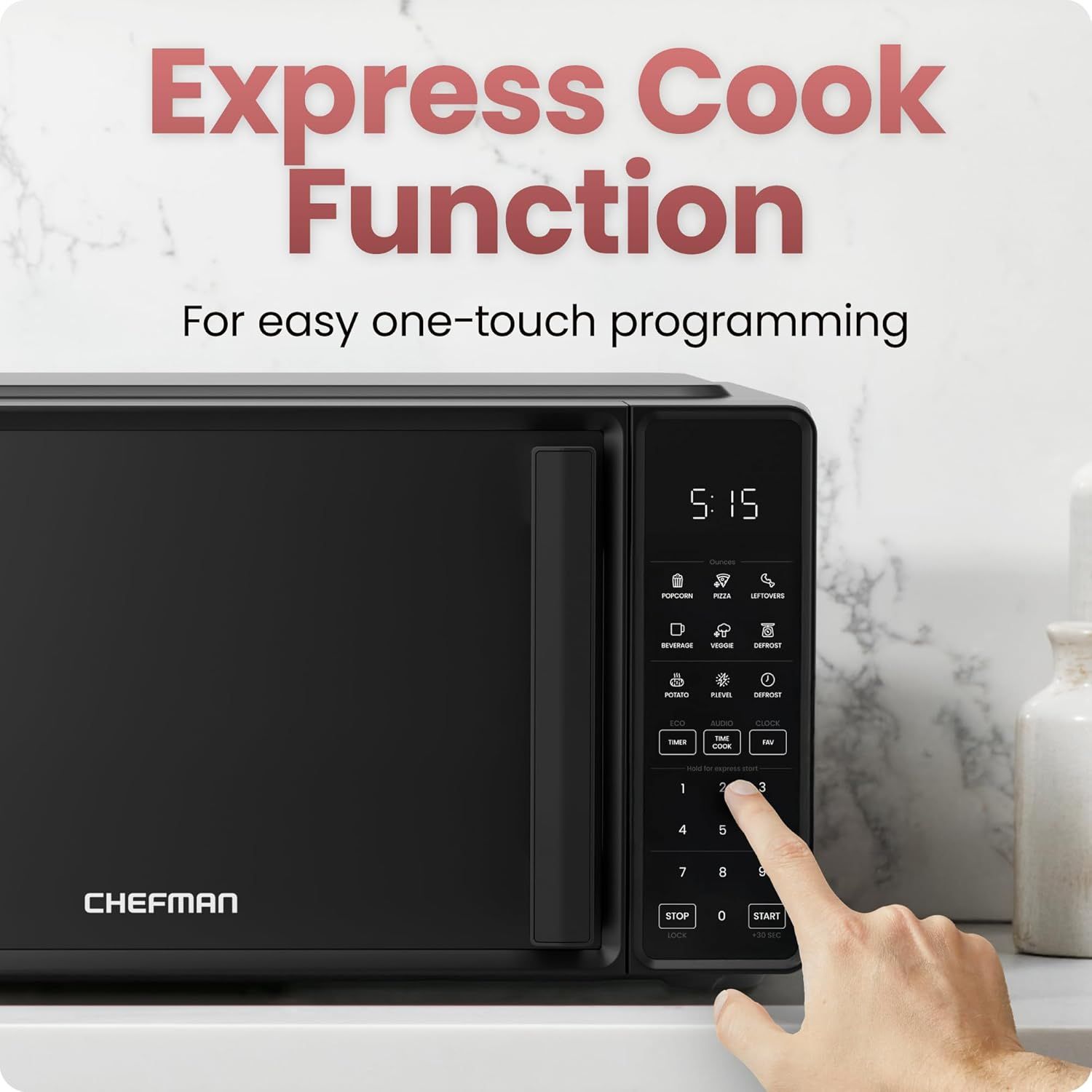 Highlights the microwave's express cook function that enables easy one-touch programming, emphasizing convenience and ease of use for shoppers.
