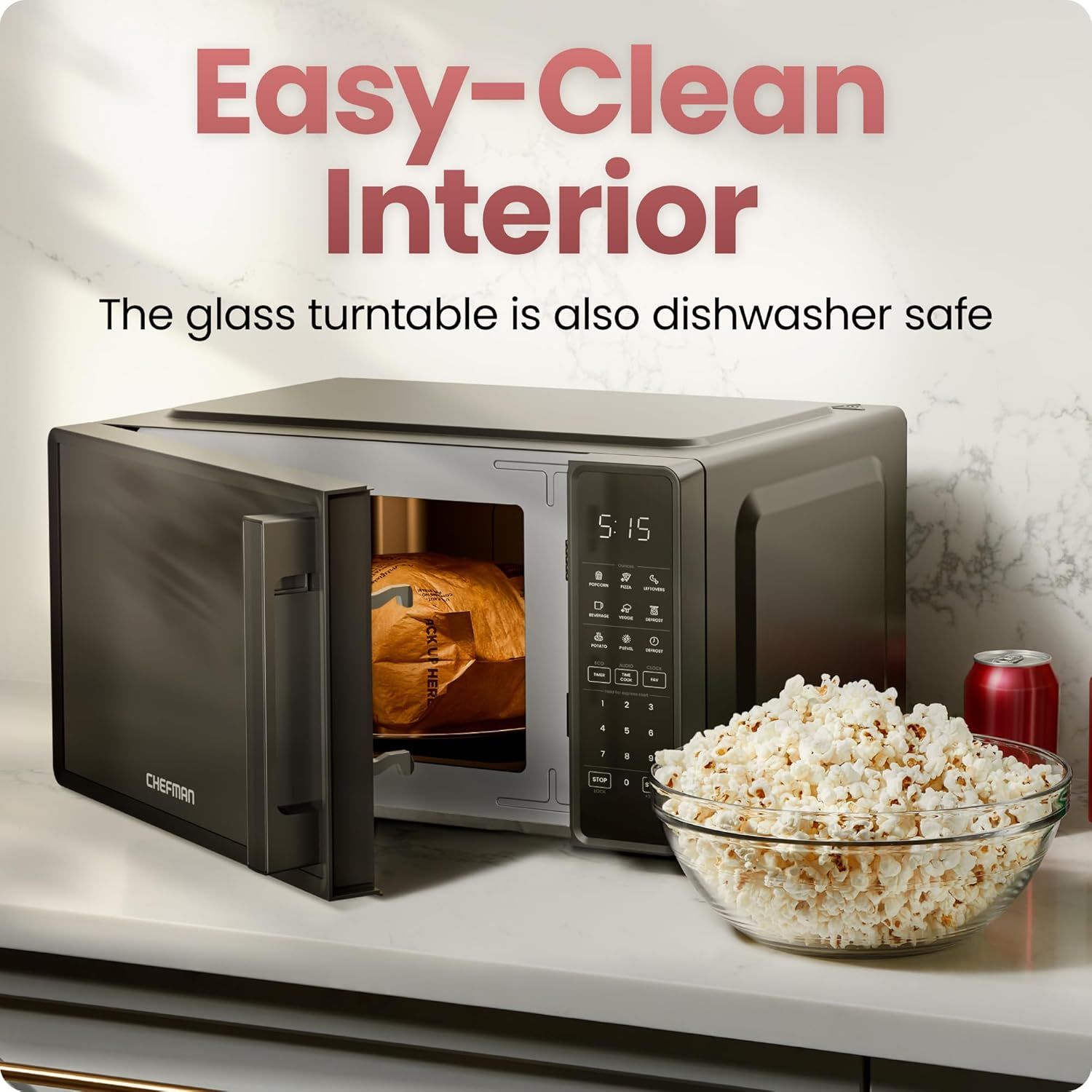 Highlights the convenience of easy cleaning by emphasizing that the glass turntable is dishwasher safe, reassuring shoppers that maintenance is simple and hassle-free.