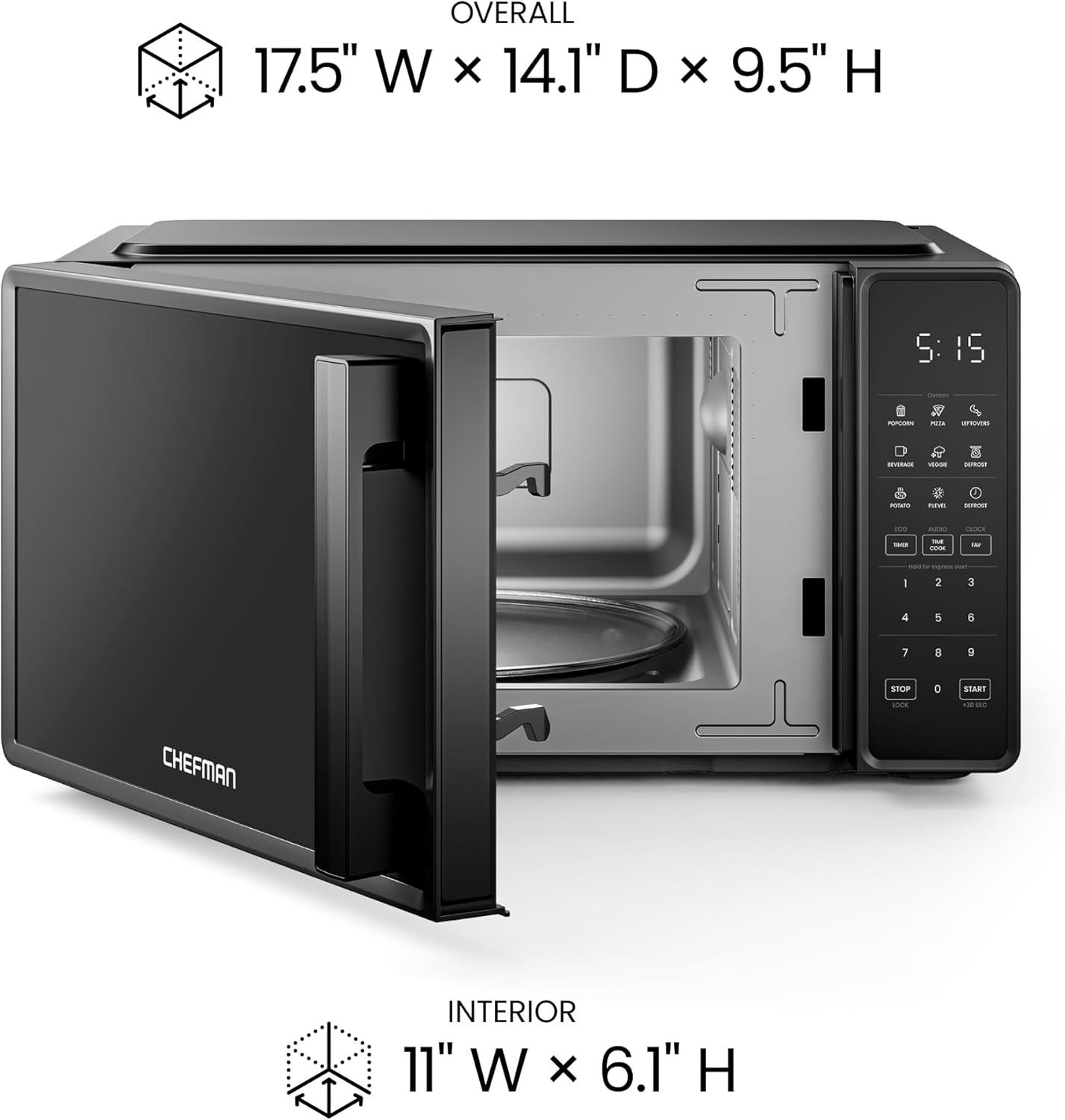Communicates the physical size of the microwave (overall and interior dimensions) to help shoppers determine if it will fit their space and meet their capacity needs.