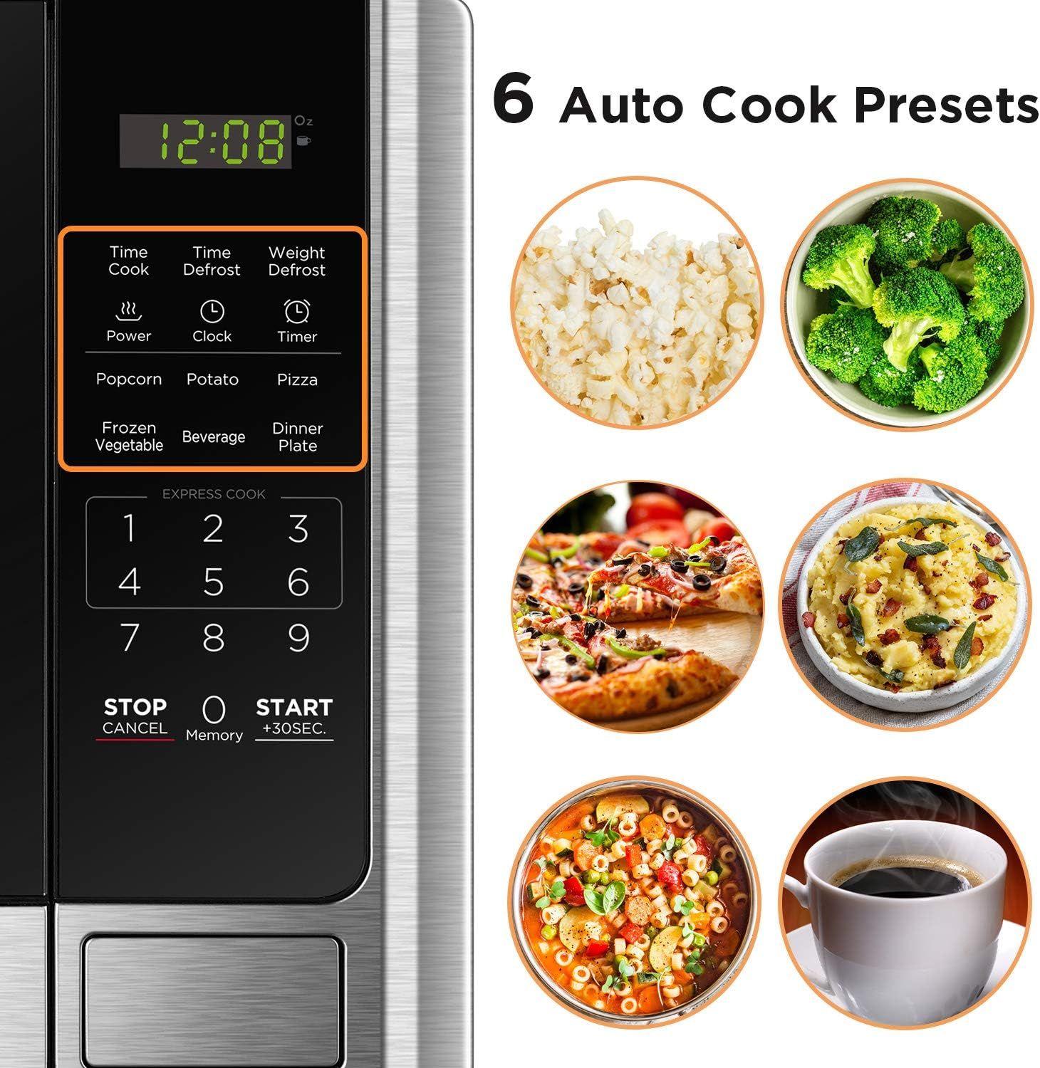 Demonstrates the microwave's versatility and convenience by showcasing six different preset cooking options (popcorn, broccoli, pizza, pasta, soup, beverage) that simplify meal preparation with…