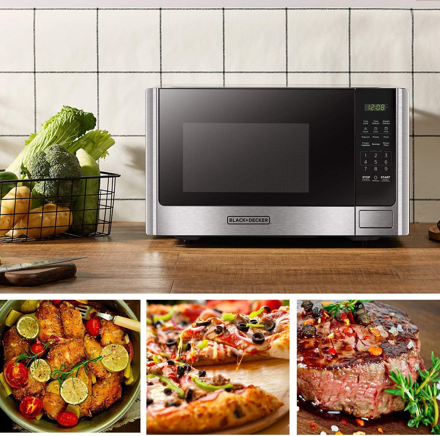 Demonstrates the microwave's versatility by showing three different types of food it can prepare—roasted chicken with vegetables, pizza, and steak—to reassure shoppers that this appliance handles…
