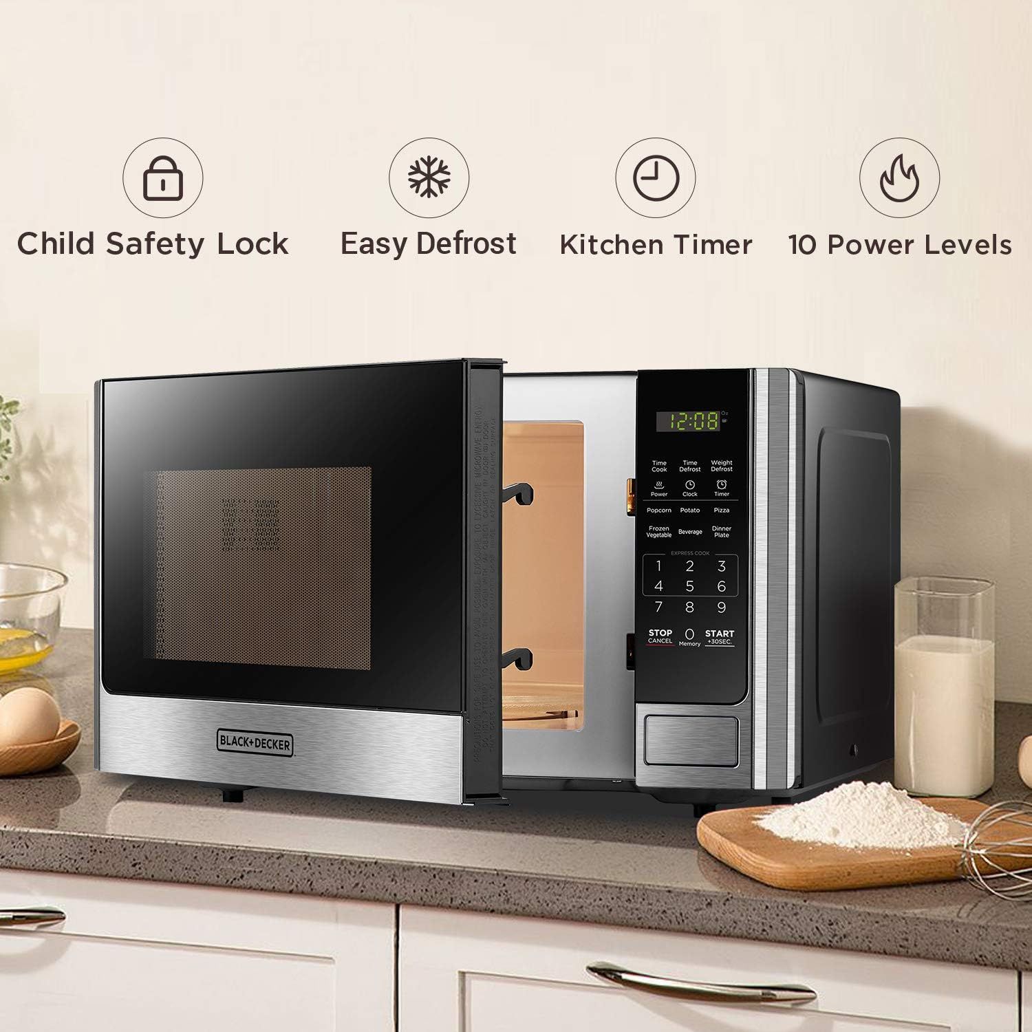 Communicates multiple key features of the microwave in a segmented layout to show versatility and functionality, reassuring shoppers of safety, convenience, and control options.