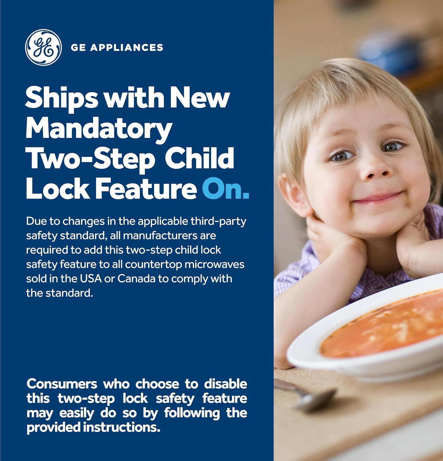 Communicates that the microwave includes a mandatory two-step child lock safety feature to reassure parents about child safety and regulatory compliance. Highlights the child lock feature as a key…