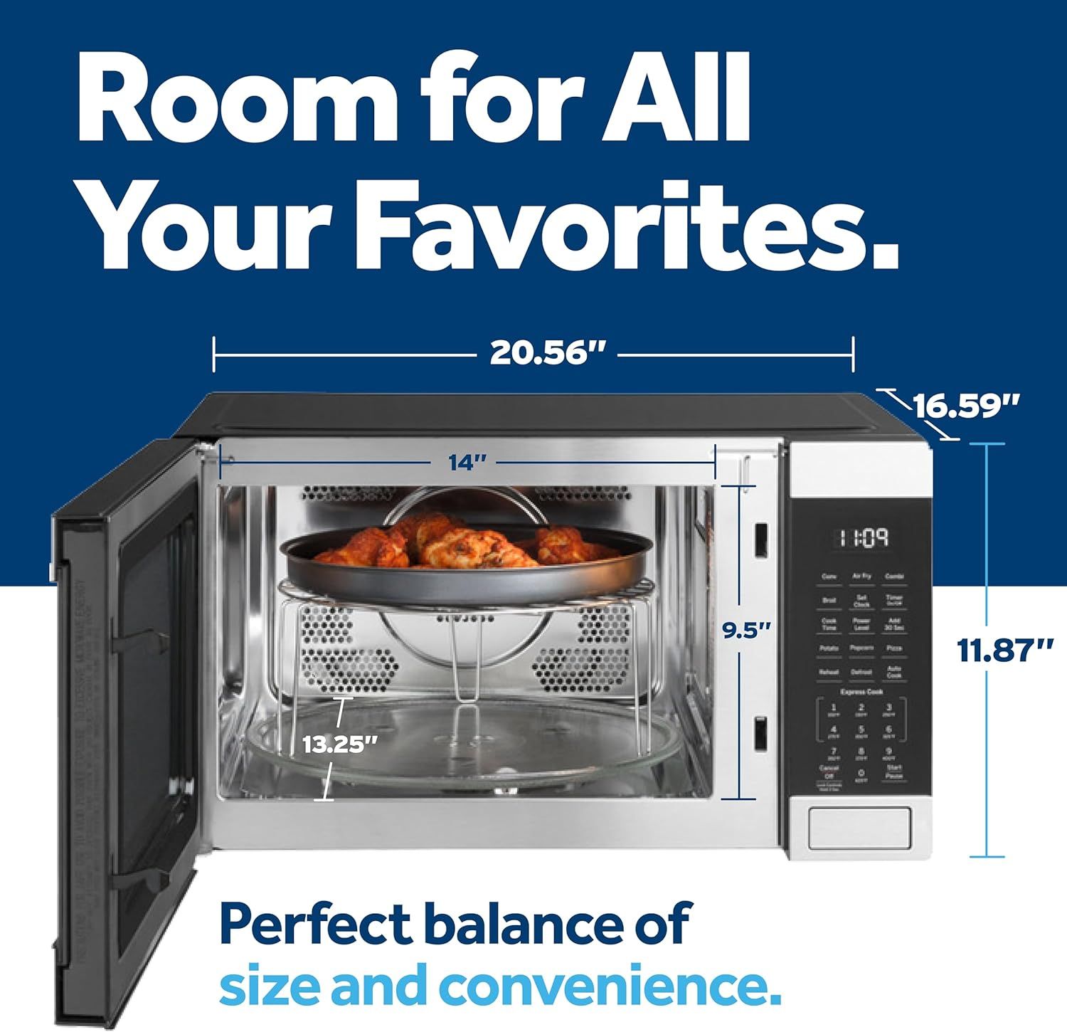 Communicates the physical dimensions of the microwave to help shoppers understand if it will fit their space while still offering generous interior capacity for cooking.