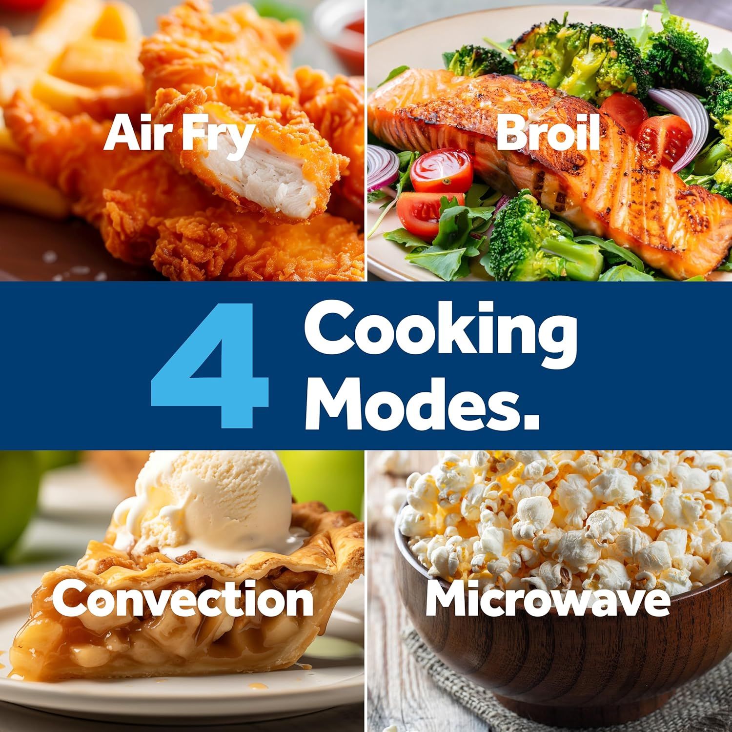 Demonstrates the product's versatility by showing four different cooking modes (Air Fry, Broil, Convection, Microwave) with appetizing food examples for each, reassuring shoppers that one appliance…