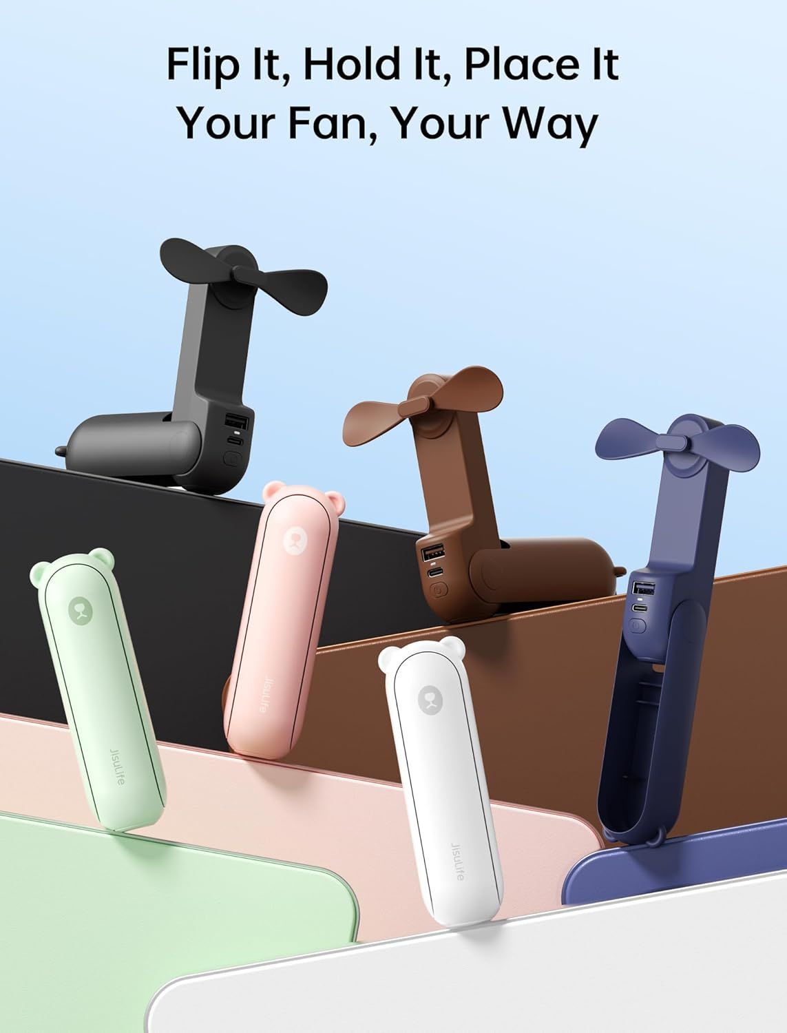 Showcases the brand's product lineup with multiple color options available, helping shoppers understand the variety and choose their preferred style. Communicates the key benefit that the fan can be…