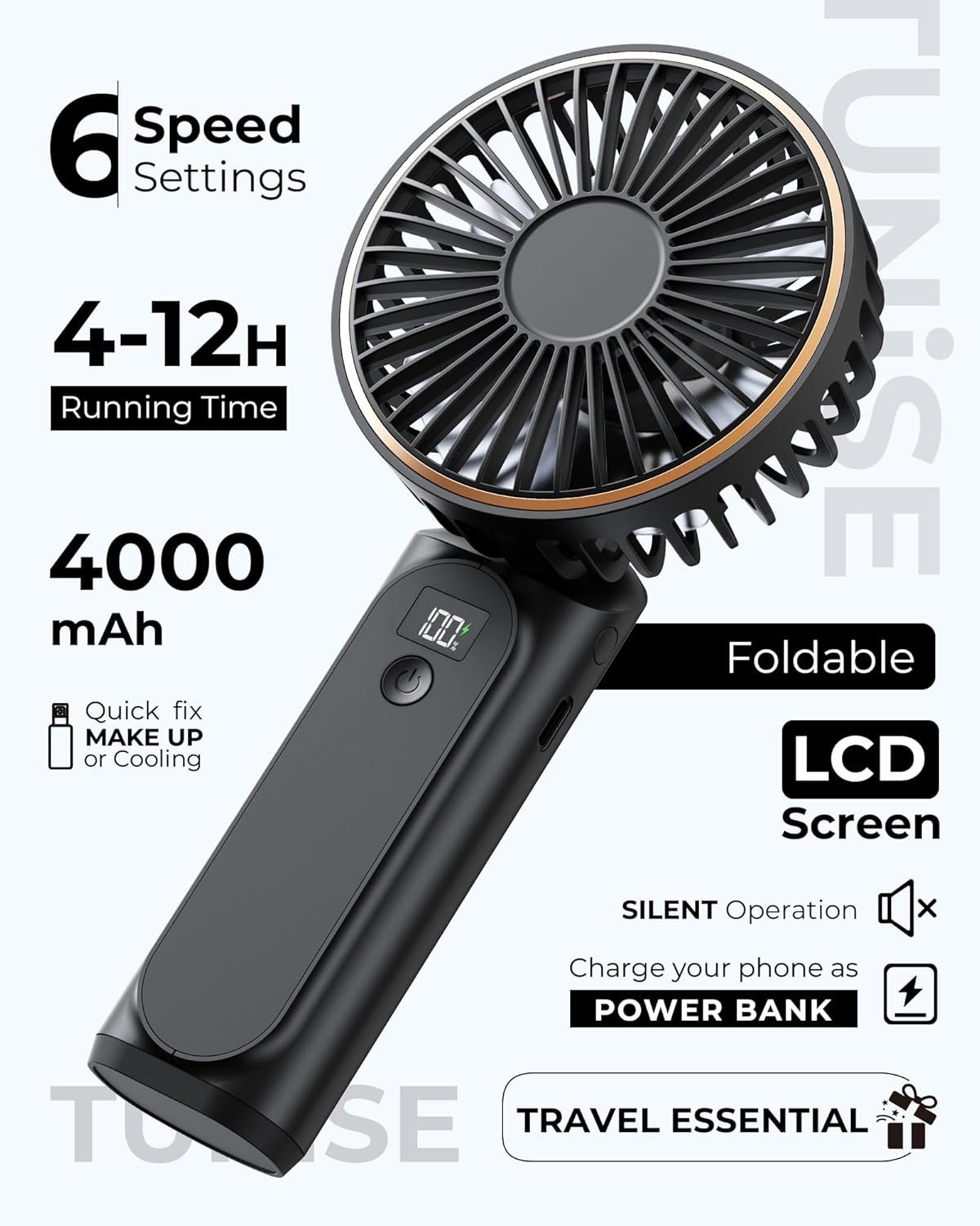 Communicates multiple key features and benefits of the handheld fan in a segmented layout to show versatility, portability, battery life, and multi-functionality as a cooling device and power bank.