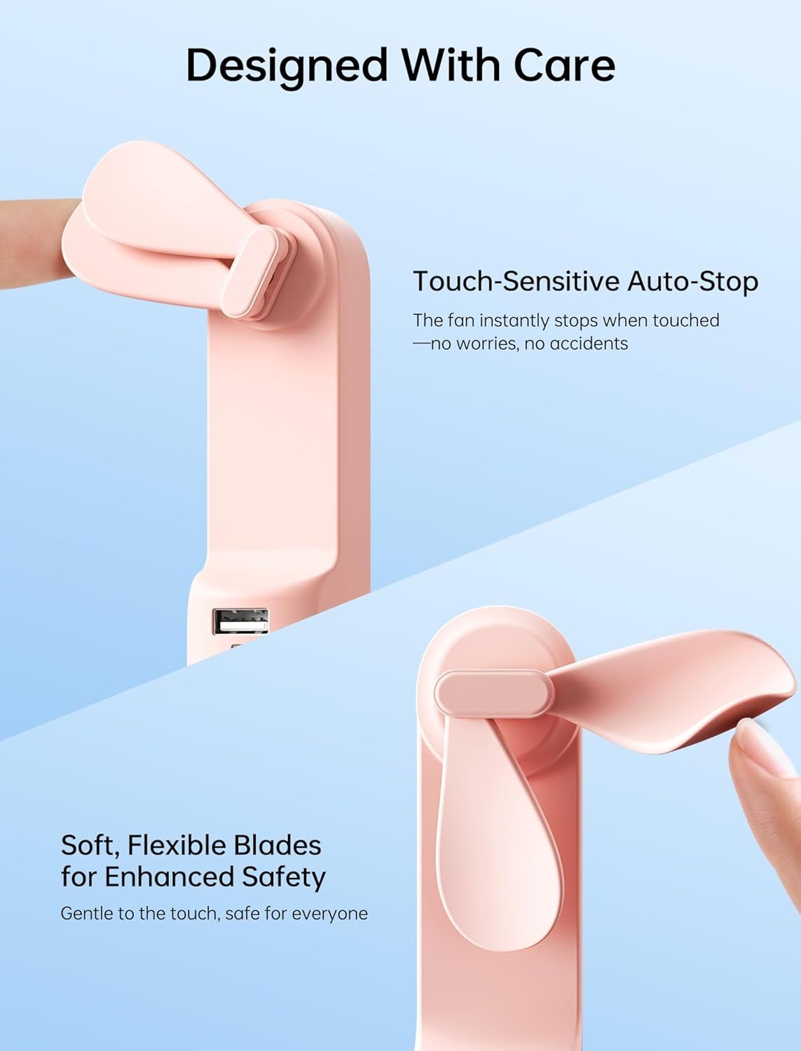 Communicates the product's safety features—touch-sensitive auto-stop and flexible blades—to reassure shoppers that the fan is safe for families and children. Highlights two distinct safety benefits…