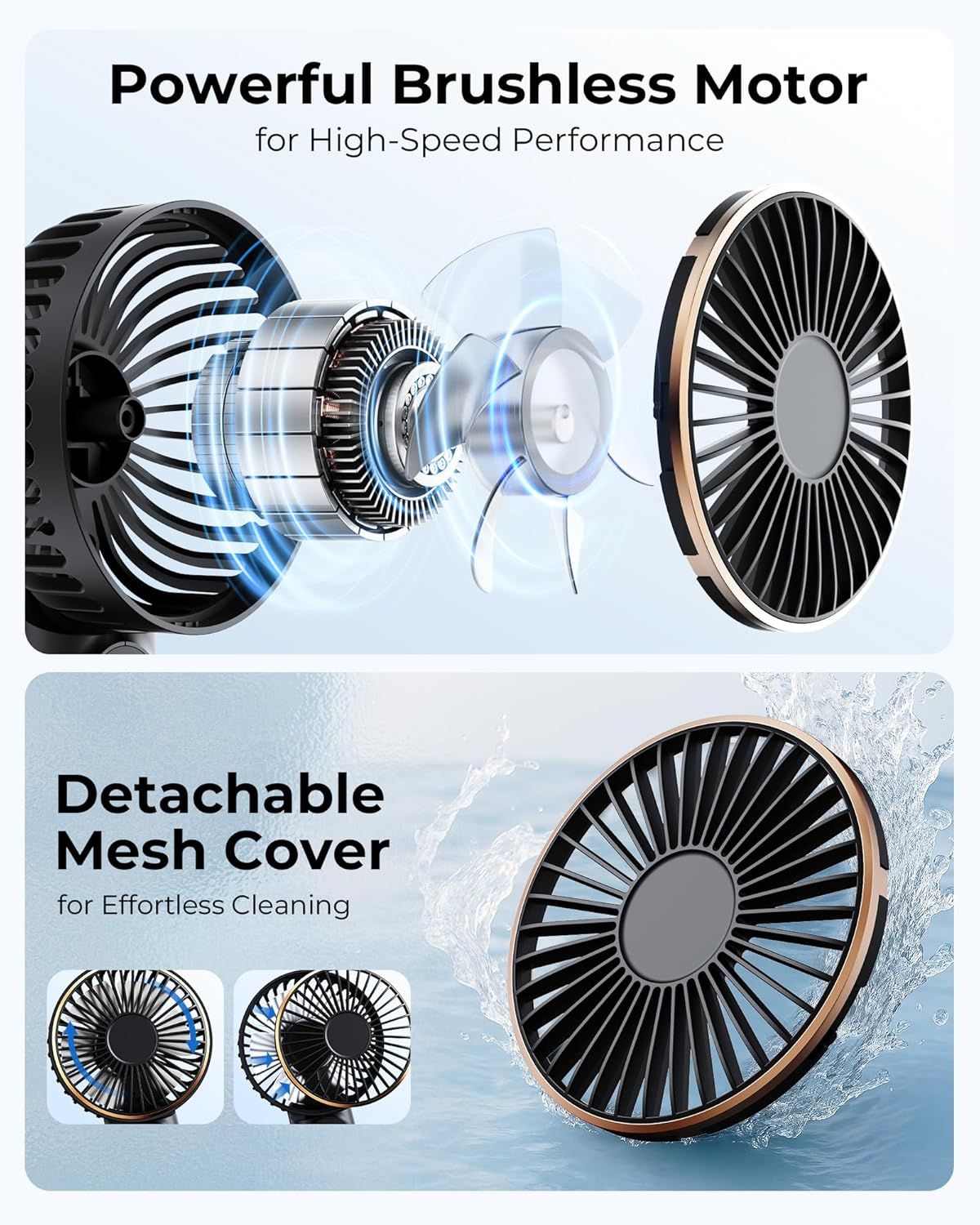 Communicates two distinct product benefits in a segmented layout: the high-speed performance enabled by the brushless motor technology and the easy cleaning enabled by the detachable mesh cover.