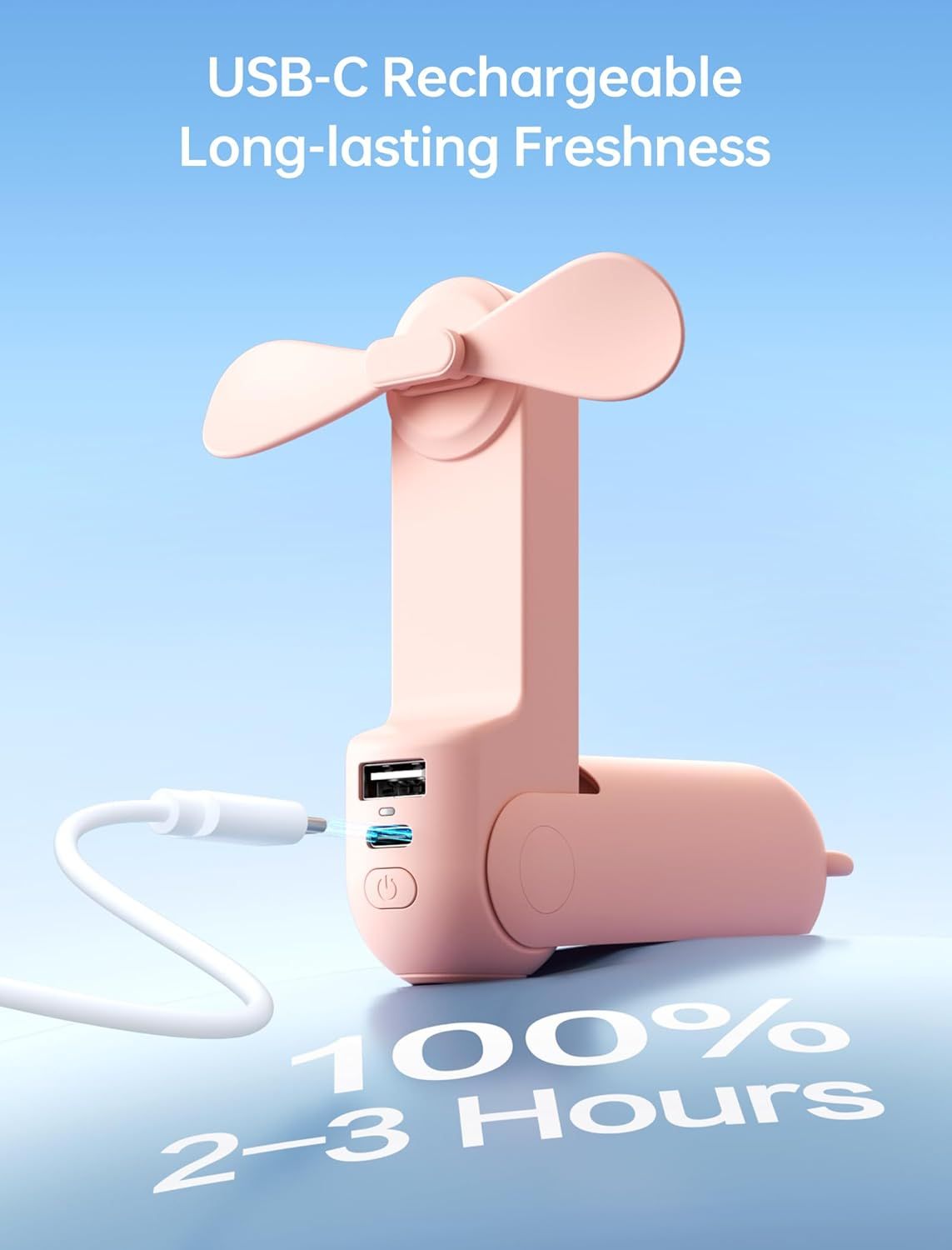 Communicates the product's impressive battery performance (100% charge lasts 2-3 hours) and convenient USB-C rechargeability to reassure shoppers of long-lasting use and modern charging convenience.…