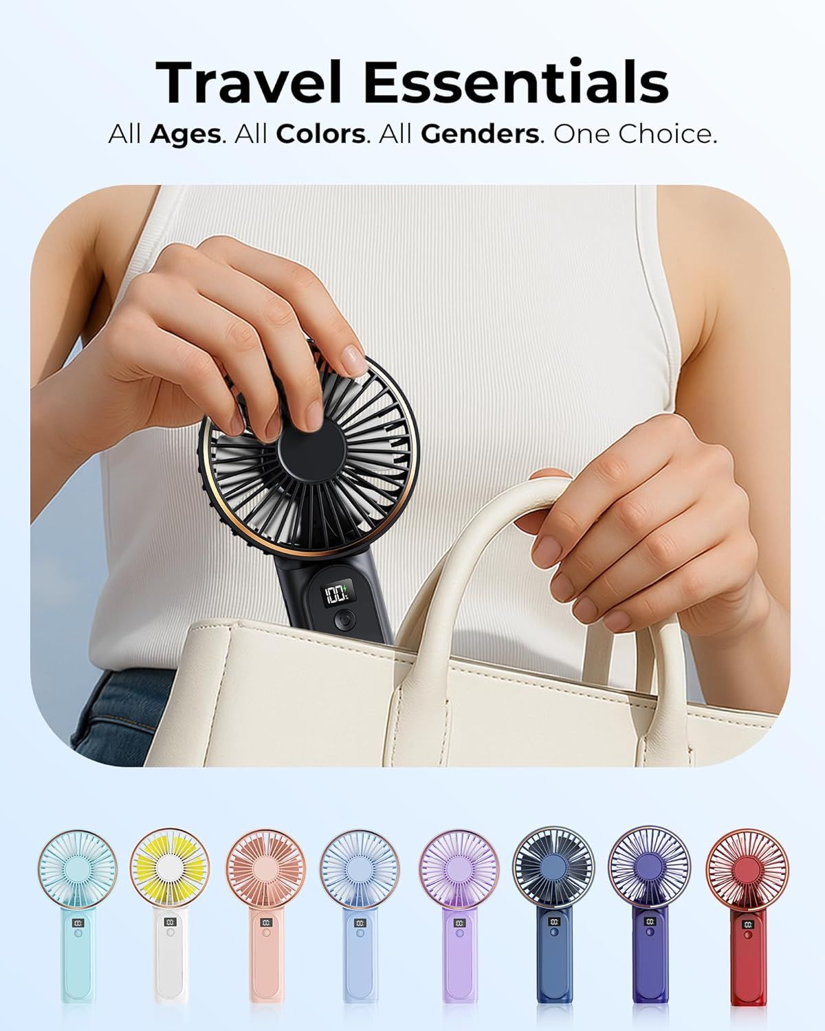 Showcases the brand's full product lineup of portable fans in multiple color options, helping shoppers choose their preferred variant while emphasizing universal appeal across ages and genders.