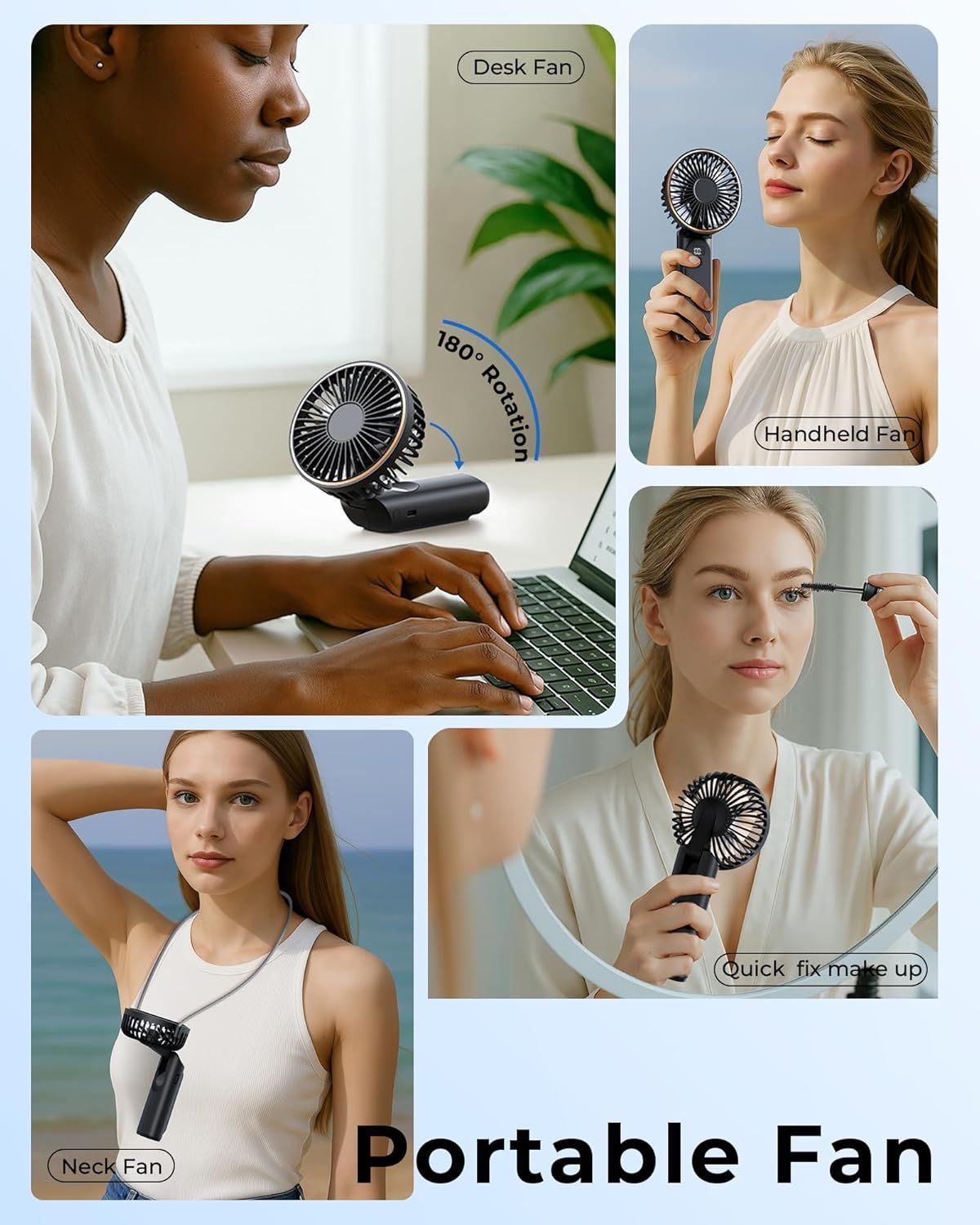 Demonstrates the versatility of the portable fan by showing multiple real-world applications and usage scenarios, reassuring shoppers that the product adapts to different needs and environments.…
