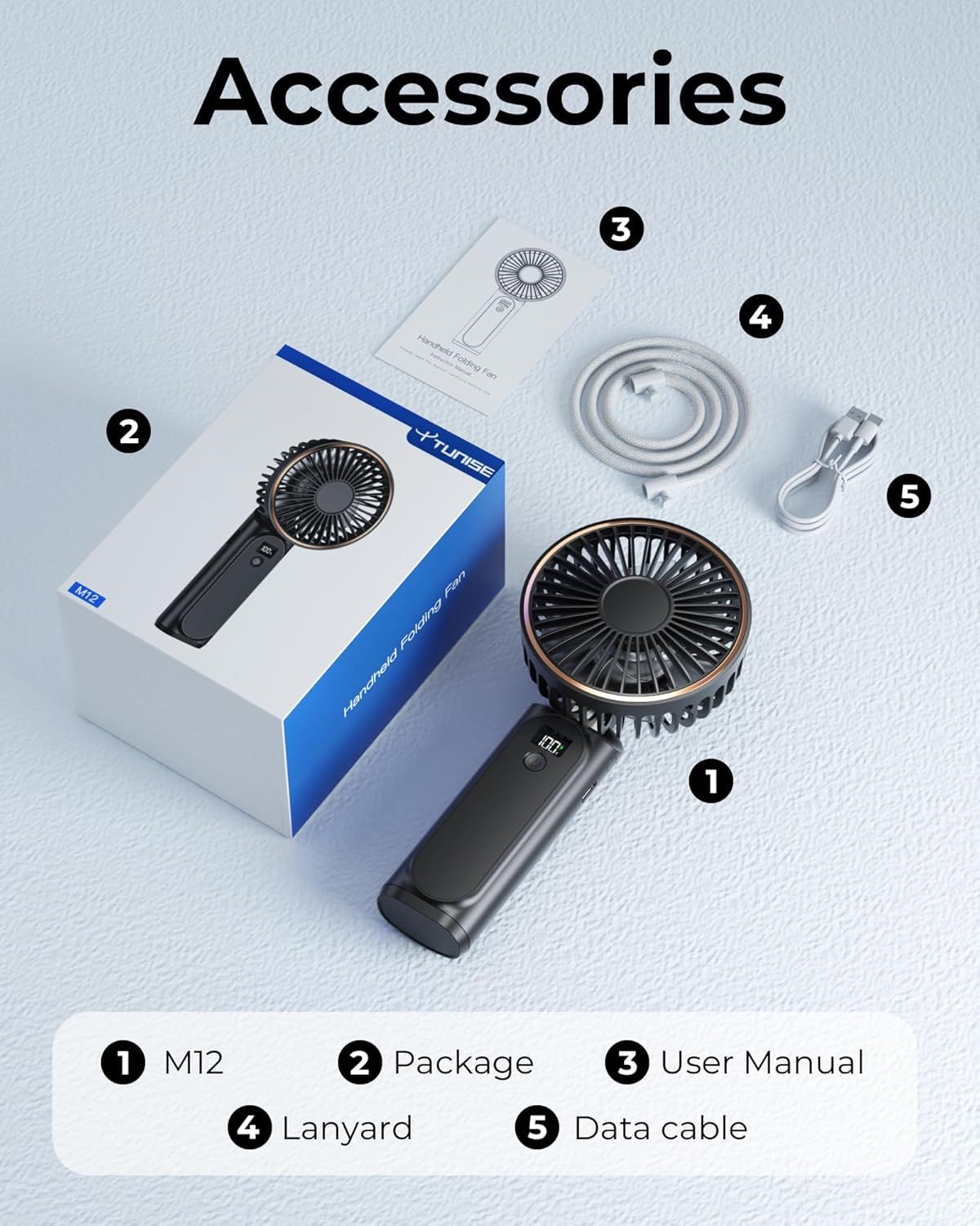 Shows the customer everything included in the box: the M12 handheld fan, packaging, user manual, lanyard, and data cable, providing clarity and reassurance about what they will receive.