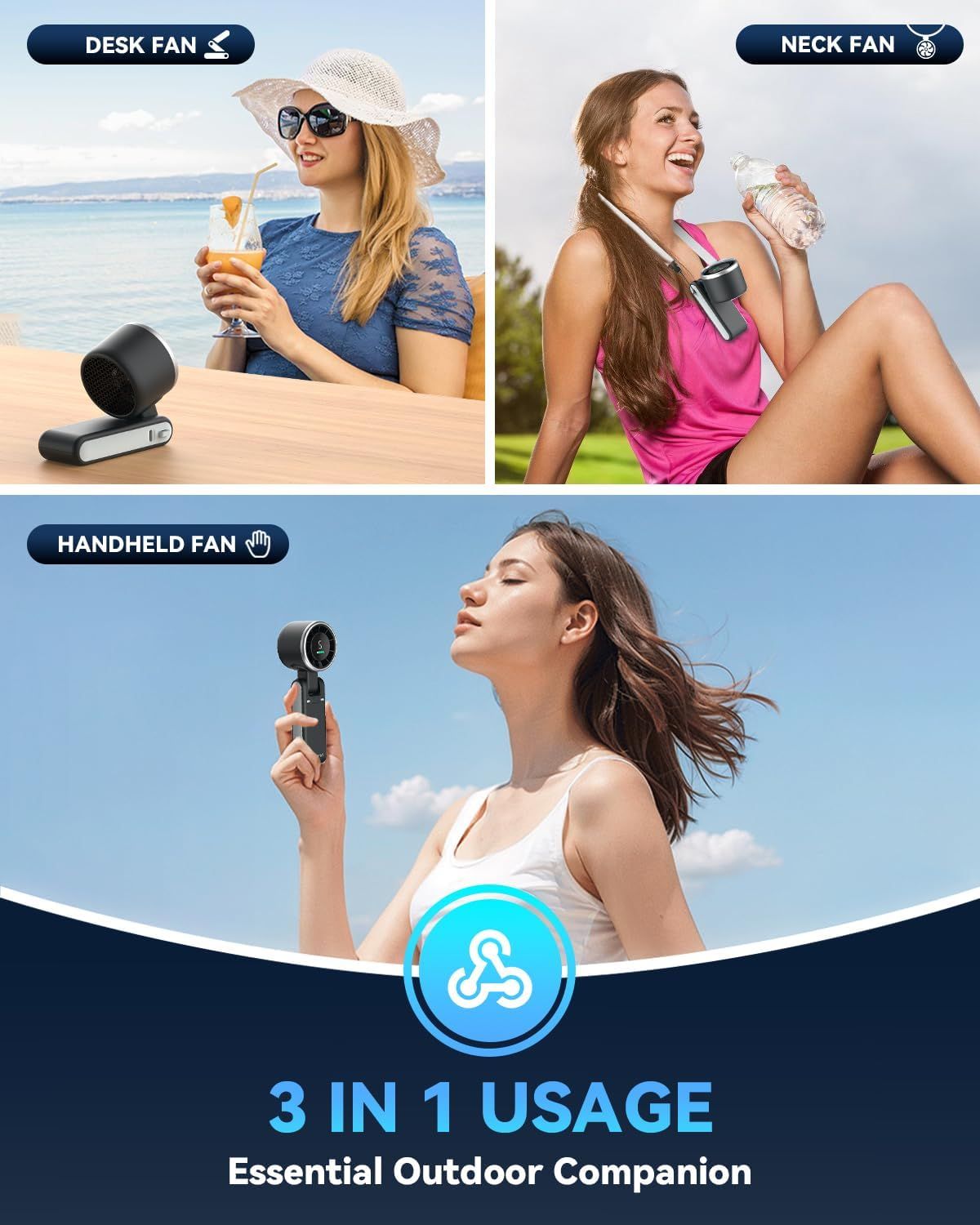 Demonstrates the product's versatility by showing three distinct use cases (desk, neck-worn, handheld) to communicate that this fan adapts to multiple outdoor and lifestyle scenarios.