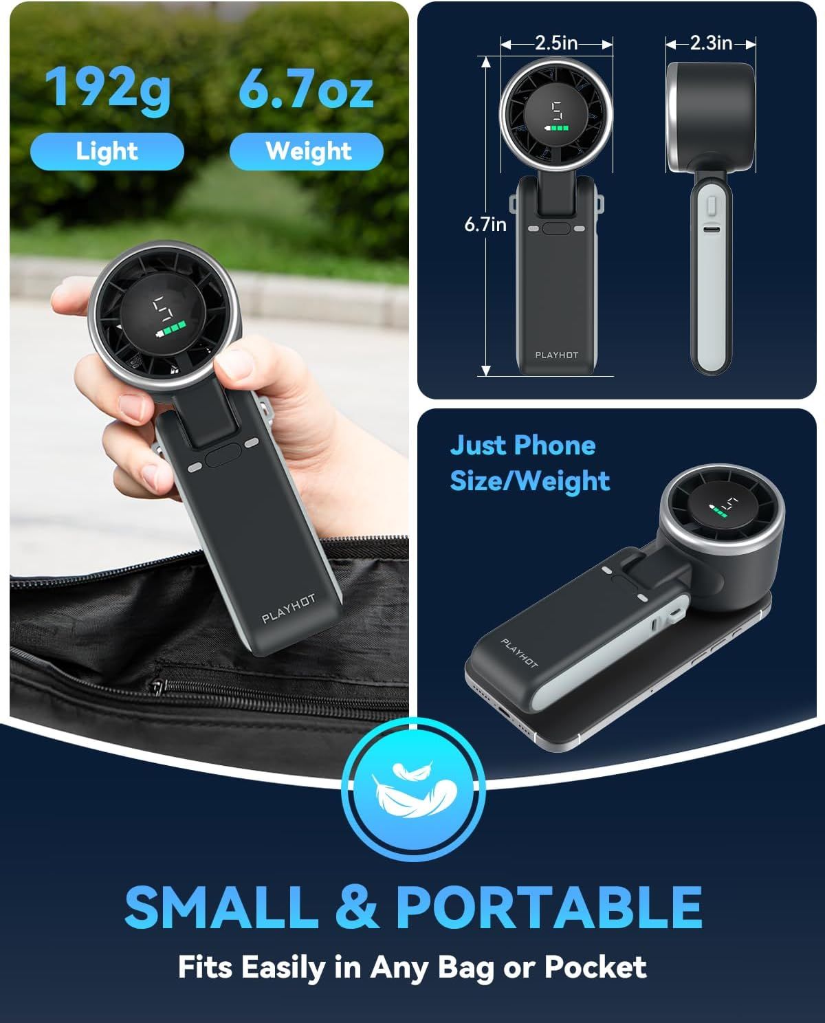 Communicates the product's portability by showing exact physical dimensions (6.7in x 2.5in x 2.3in) and lightweight specs (192g/6.7oz), reassuring shoppers it's travel-friendly and pocket-sized.…