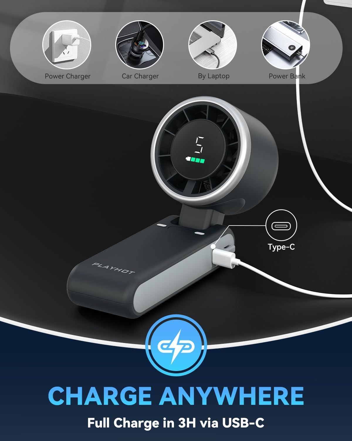 Demonstrates the product's versatility by showing it can be charged via multiple methods (power charger, car charger, laptop, power bank), reassuring shoppers of convenient charging anywhere.…