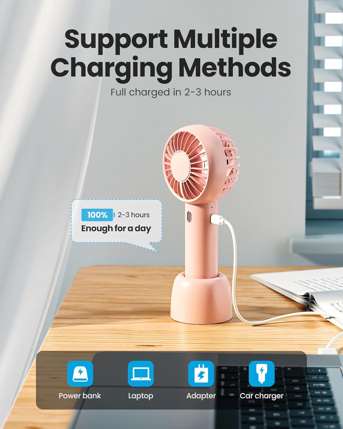 Communicates the product's quick 2-3 hour charging time to reassure shoppers about convenience and minimal downtime. Highlights the product's versatility by showing it supports multiple charging…