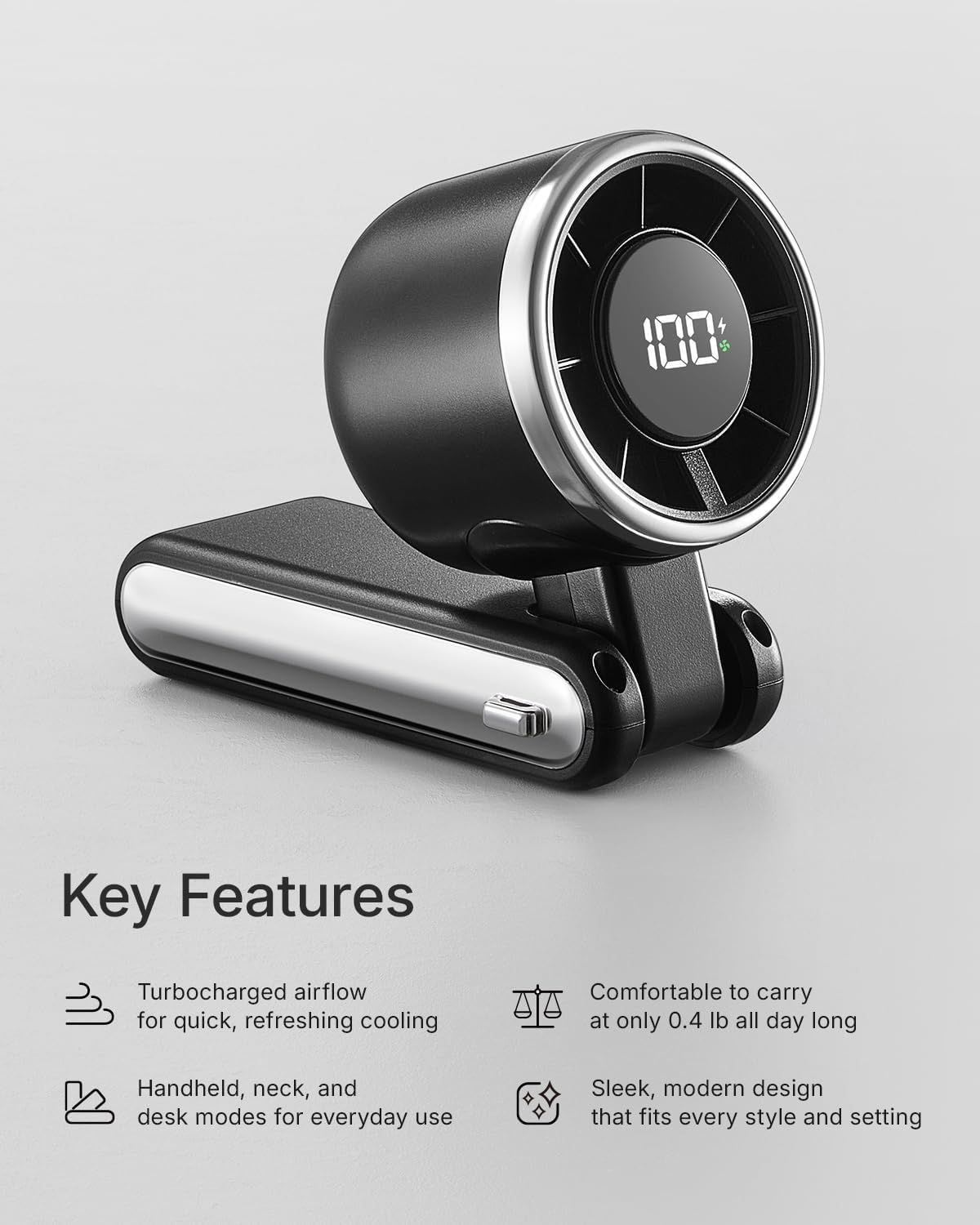 Communicates multiple distinct selling benefits of the portable fan in a segmented layout, highlighting cooling power, portability, versatility, and aesthetic appeal to help shoppers understand the…
