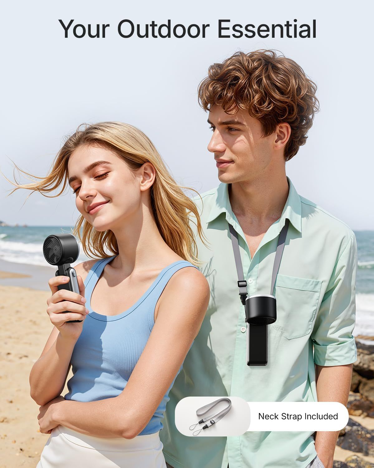 Demonstrates the product in a real-world outdoor beach setting to show shoppers how the portable fan can be used during outdoor activities and travel. Informs shoppers that a neck strap accessory is…