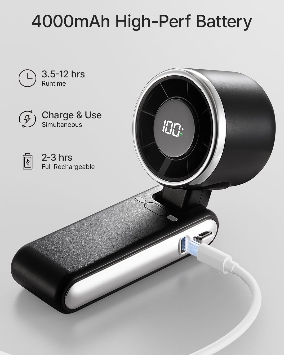 Communicates multiple battery-related benefits in a segmented layout with icons, showing the product's high capacity, long runtime, simultaneous charge-and-use capability, and fast recharge time to…