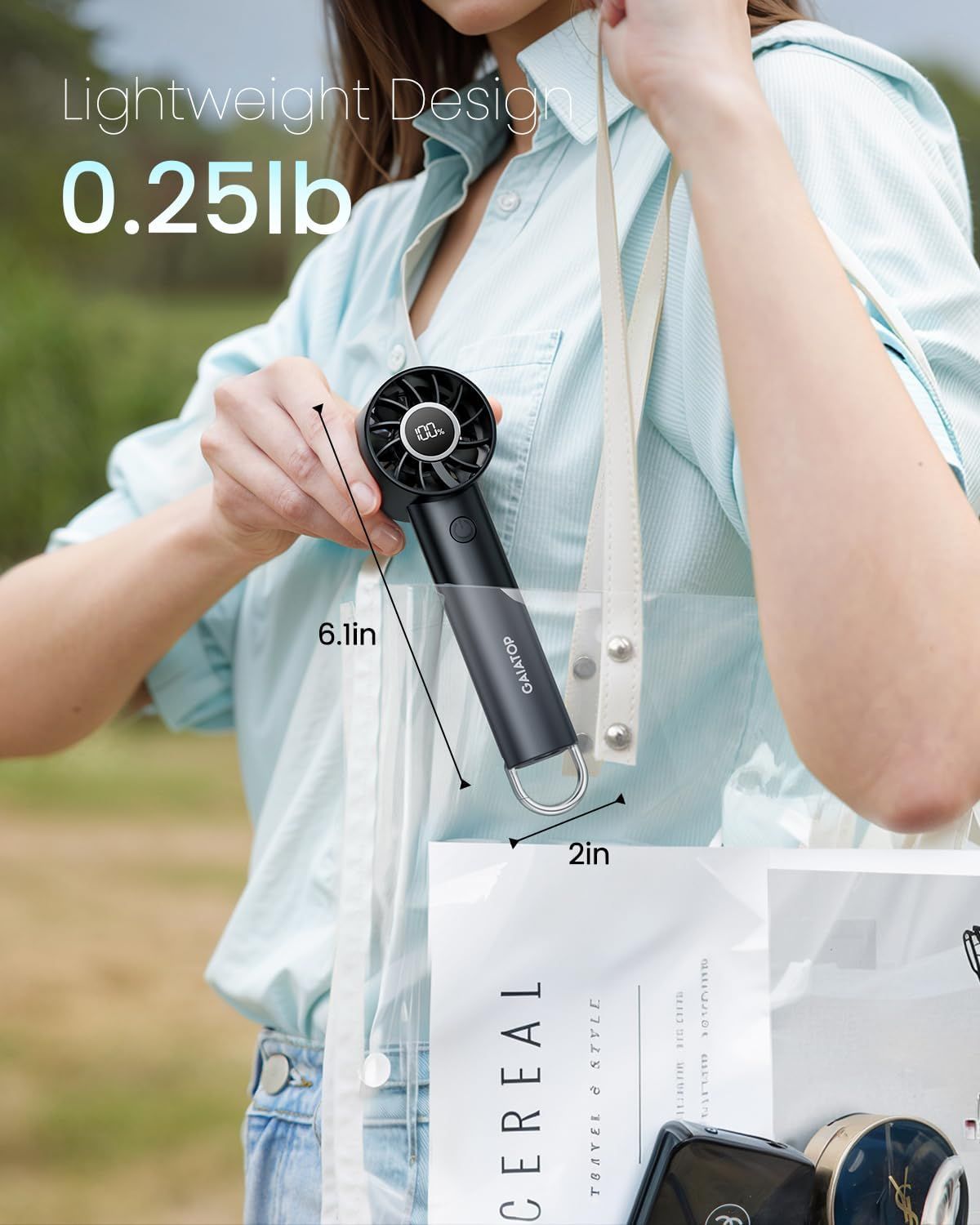 Communicates the product's portability and convenience by showing its lightweight design (0.25lb) and compact dimensions (6.1in x 2in), reassuring shoppers it's easy to carry and use on the go.…
