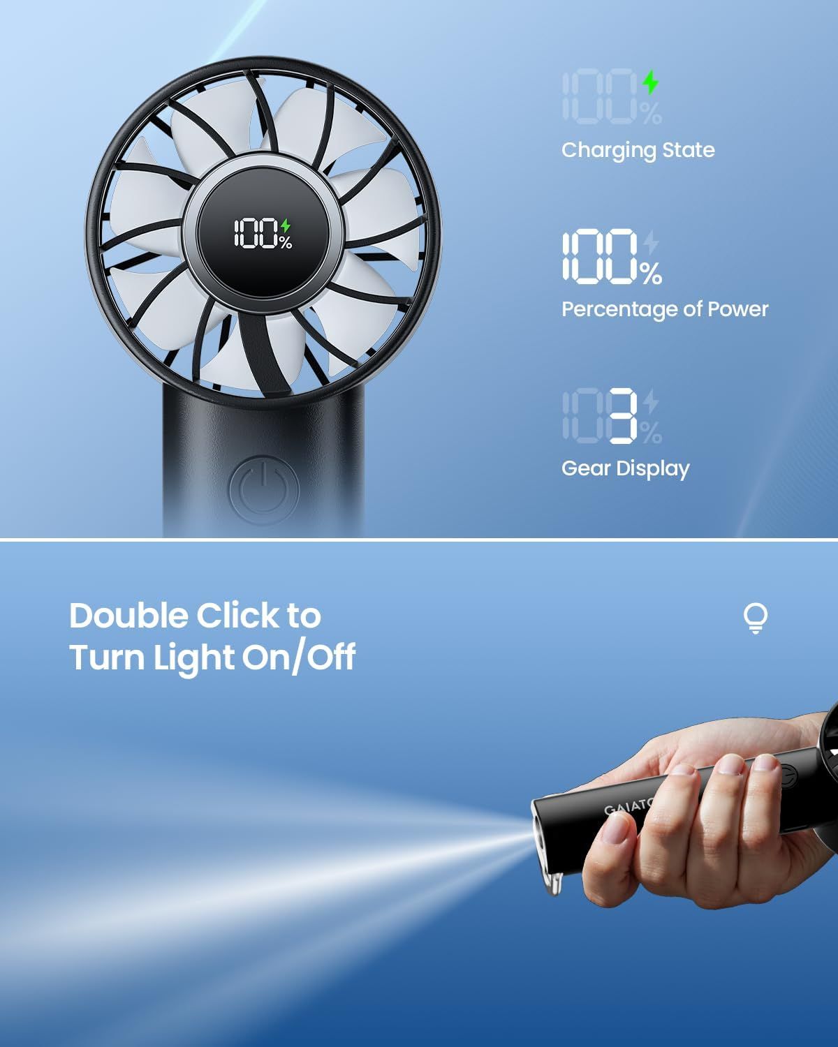 Communicates multiple distinct features of the portable fan including its digital display capabilities, battery monitoring, gear settings, and light control functionality to demonstrate the…