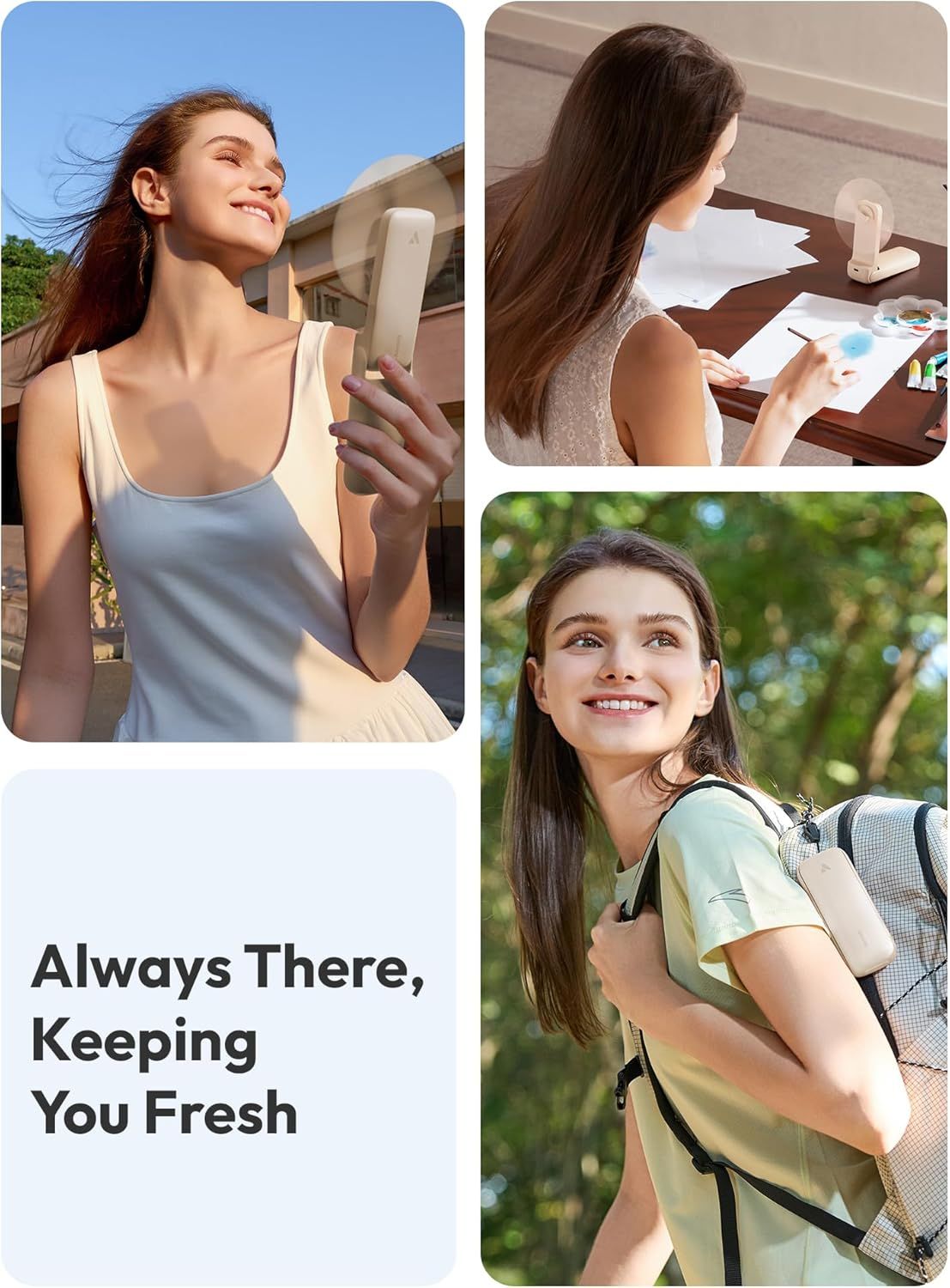 Demonstrates the product's versatility by showing it can be used in multiple real-world scenarios—outdoors, at home/desk, and on-the-go—to keep users fresh anytime, anywhere.