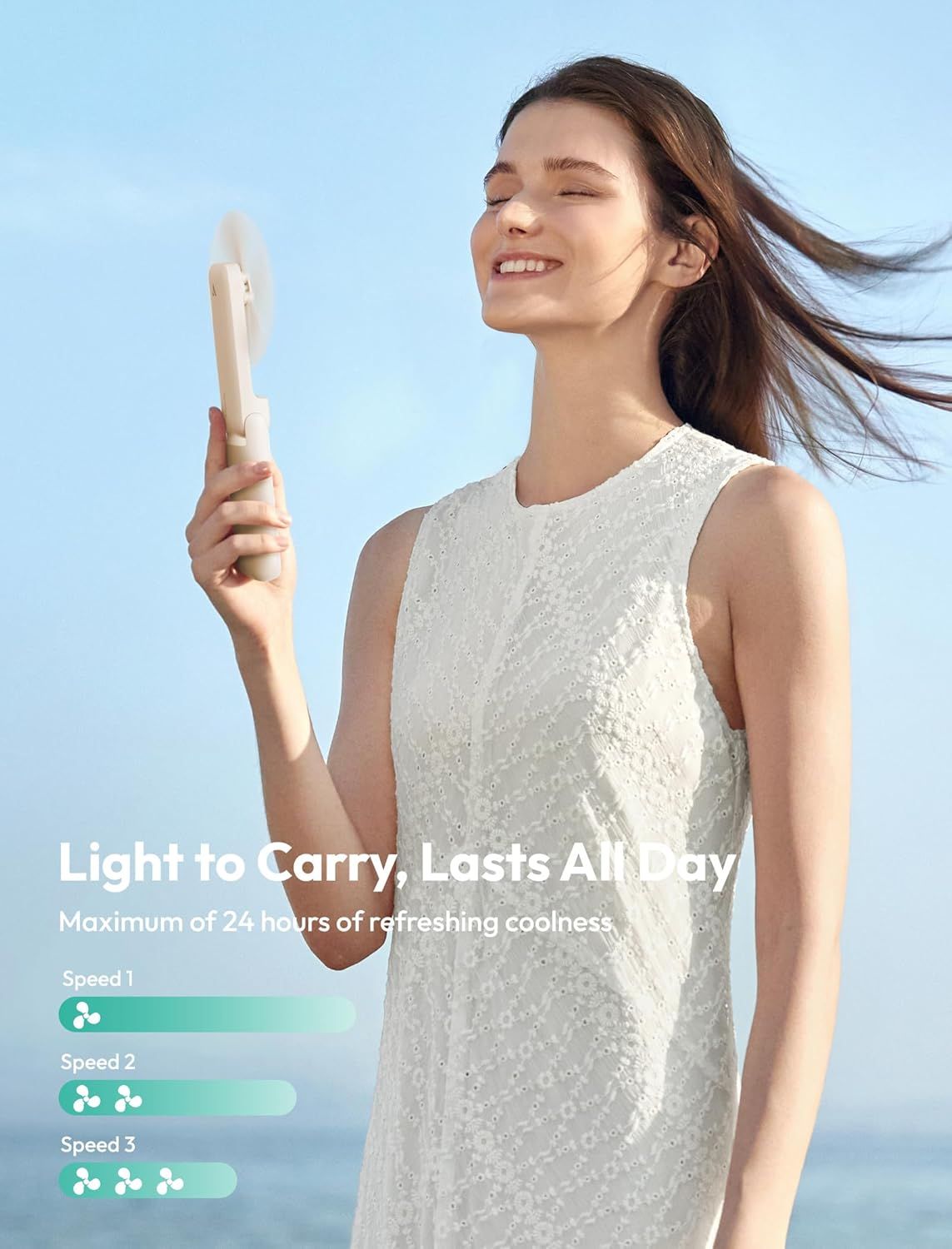 Communicates multiple key benefits of the portable fan including its lightweight portability, 24-hour battery life, and three adjustable speed settings to reassure shoppers of its versatility and…