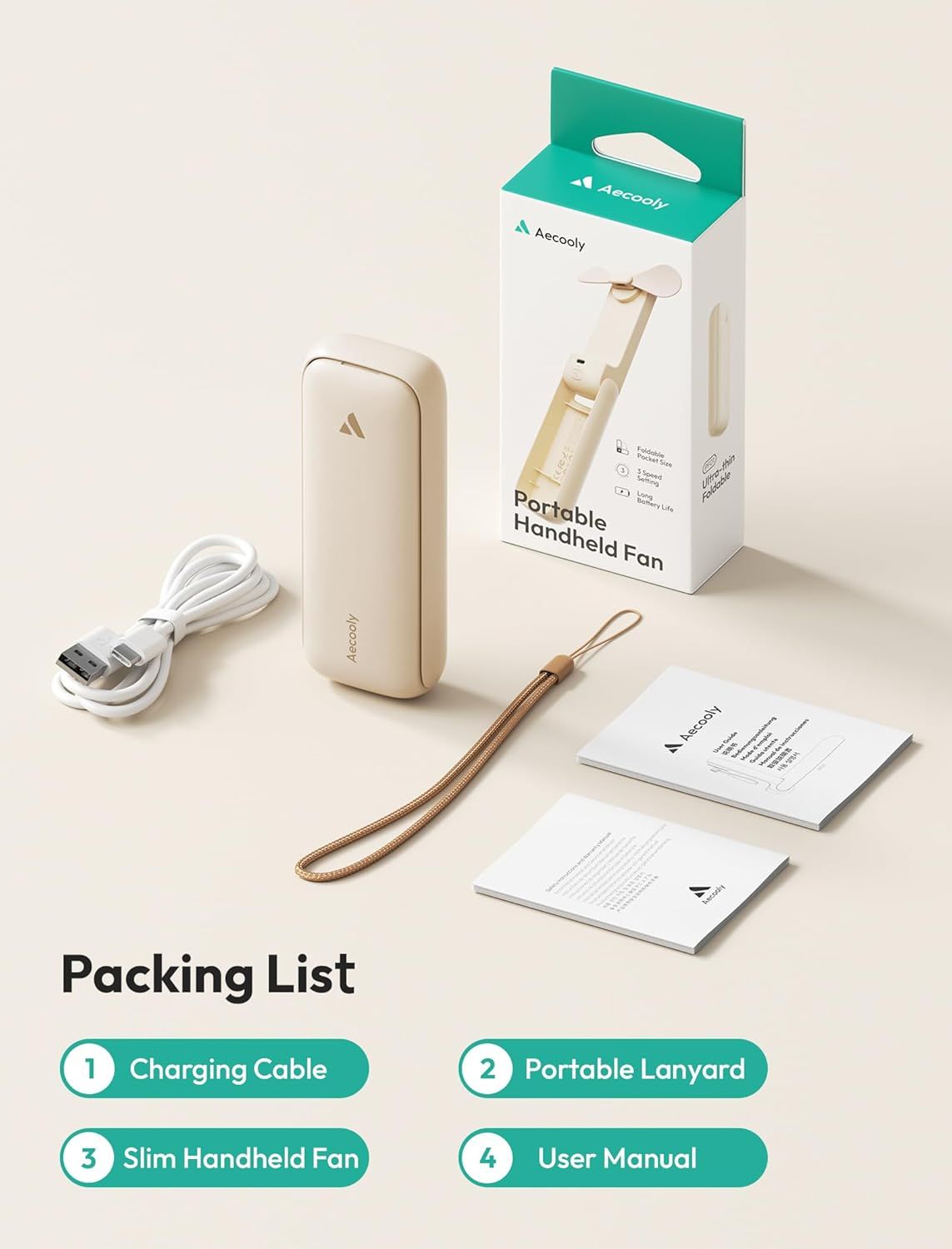 Shows the customer everything included in the box—the handheld fan, charging cable, lanyard, and user manual—to set clear expectations and demonstrate value.