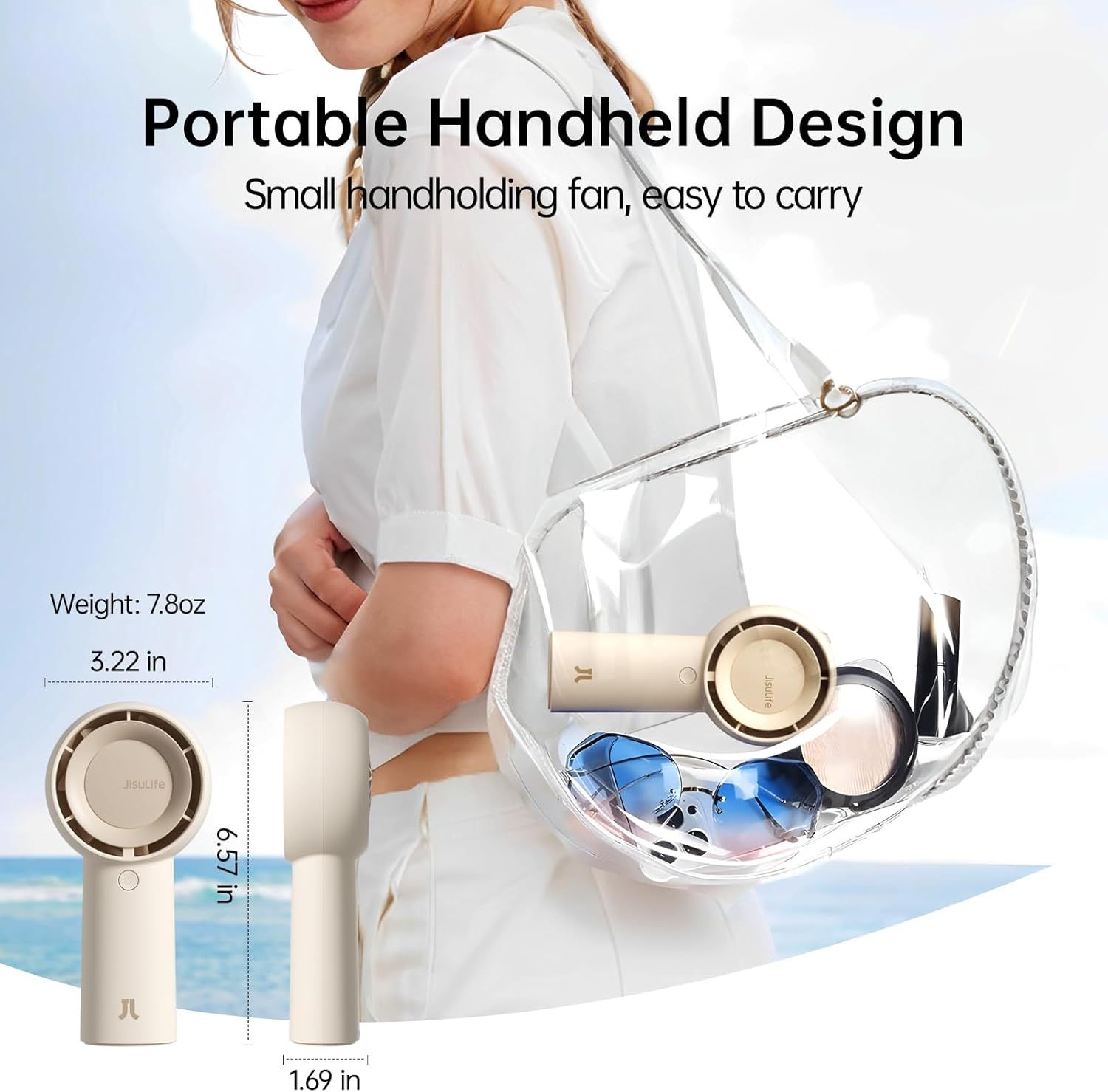 Communicates the product's portability through exact physical dimensions (3.22 in x 6.57 in x 1.69 in) and weight (7.8oz), reassuring shoppers that this handheld fan is small and easy to carry.…