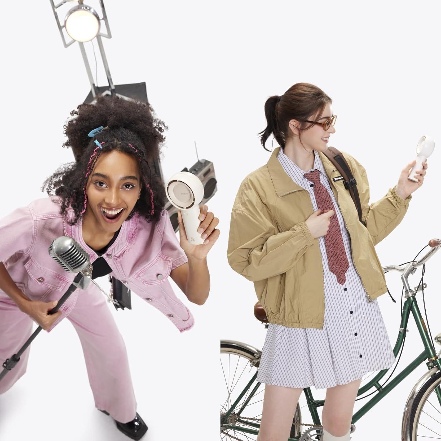 Showcases the product in a lifestyle setting with models in casual, everyday scenarios to help shoppers visualize the product in their own lives.