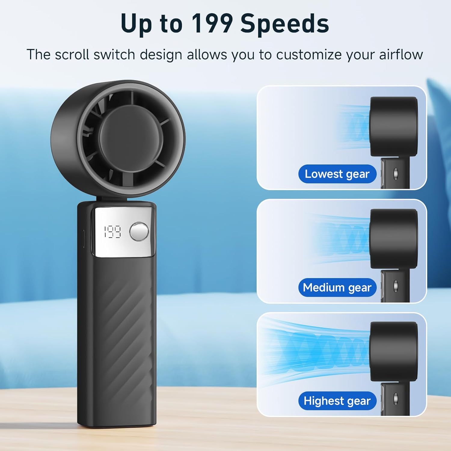 Highlights the product's impressive 199 speed settings to communicate versatility and precise airflow control, reassuring shoppers of its customizable performance. Demonstrates the scroll switch…
