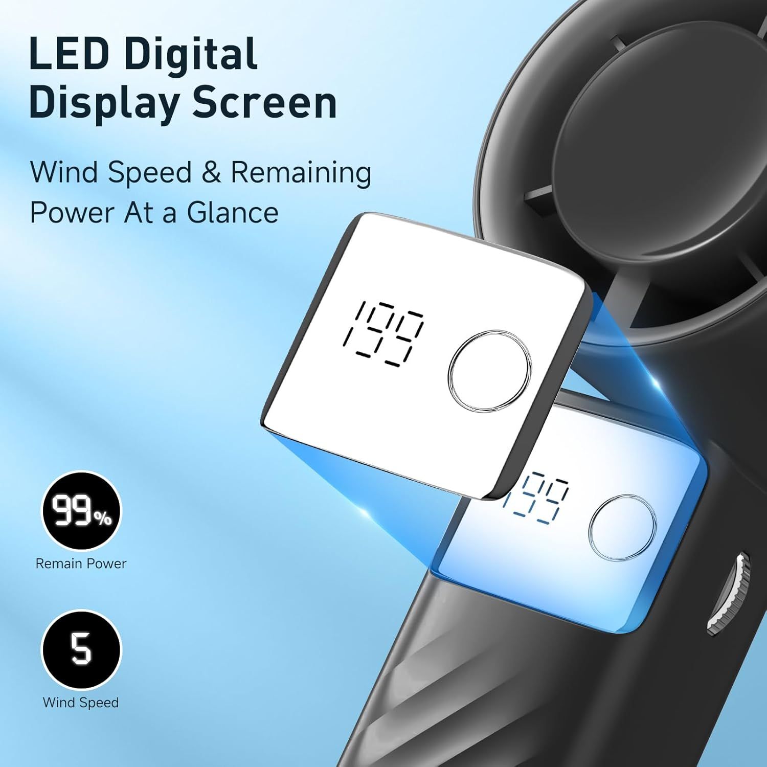Highlights the LED digital display feature that allows users to check wind speed and remaining battery power at a glance, emphasizing convenience and ease of monitoring.