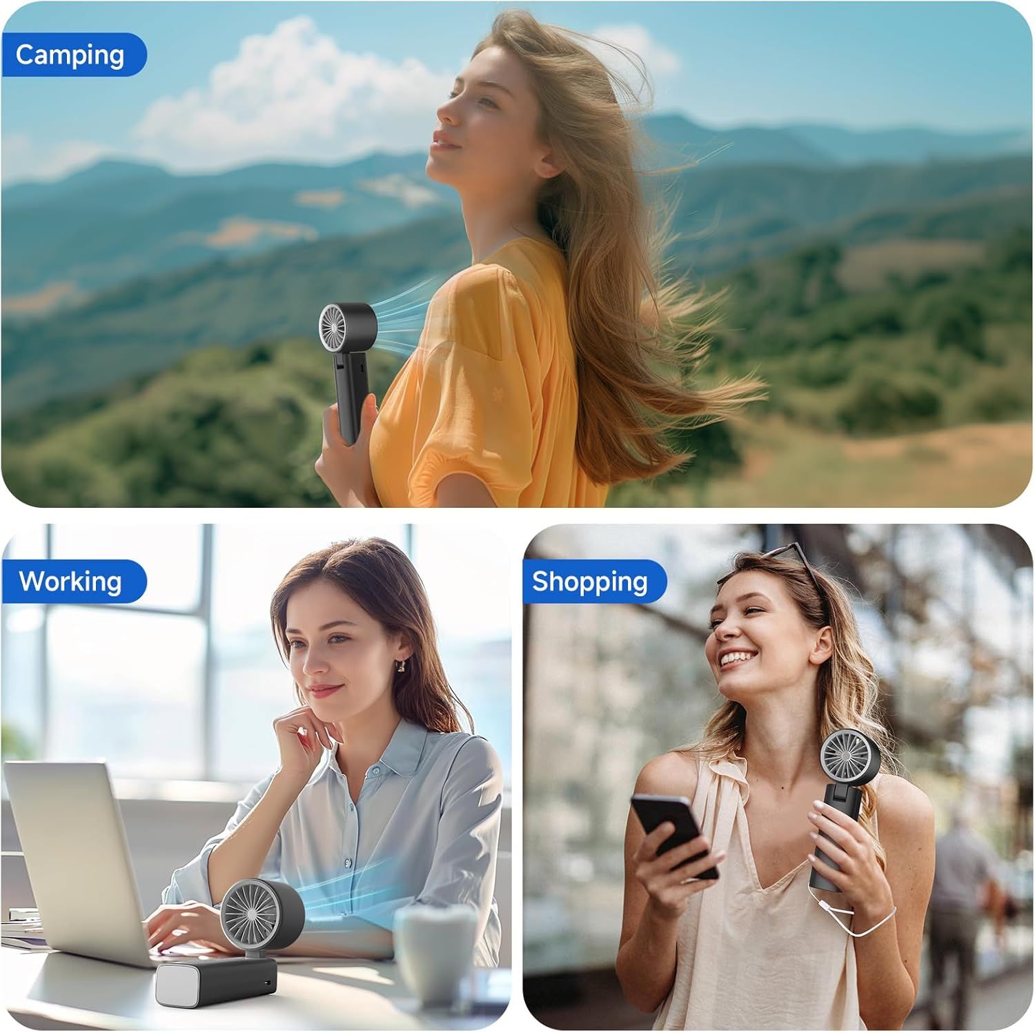 Demonstrates the product's versatility by showing it can be used in multiple real-world scenarios—outdoor camping, office work, and everyday shopping—to reassure shoppers it fits various lifestyles…