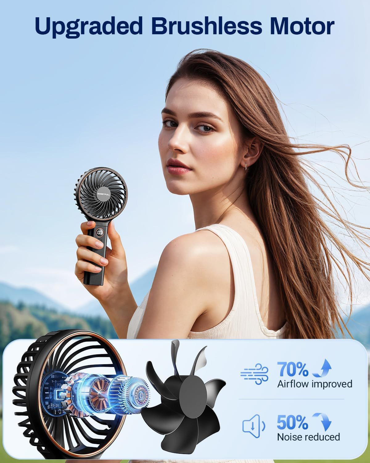 Communicates quantifiable performance improvements of the upgraded brushless motor, emphasizing superior airflow and quieter operation to demonstrate the product's enhanced efficiency. Shows the…