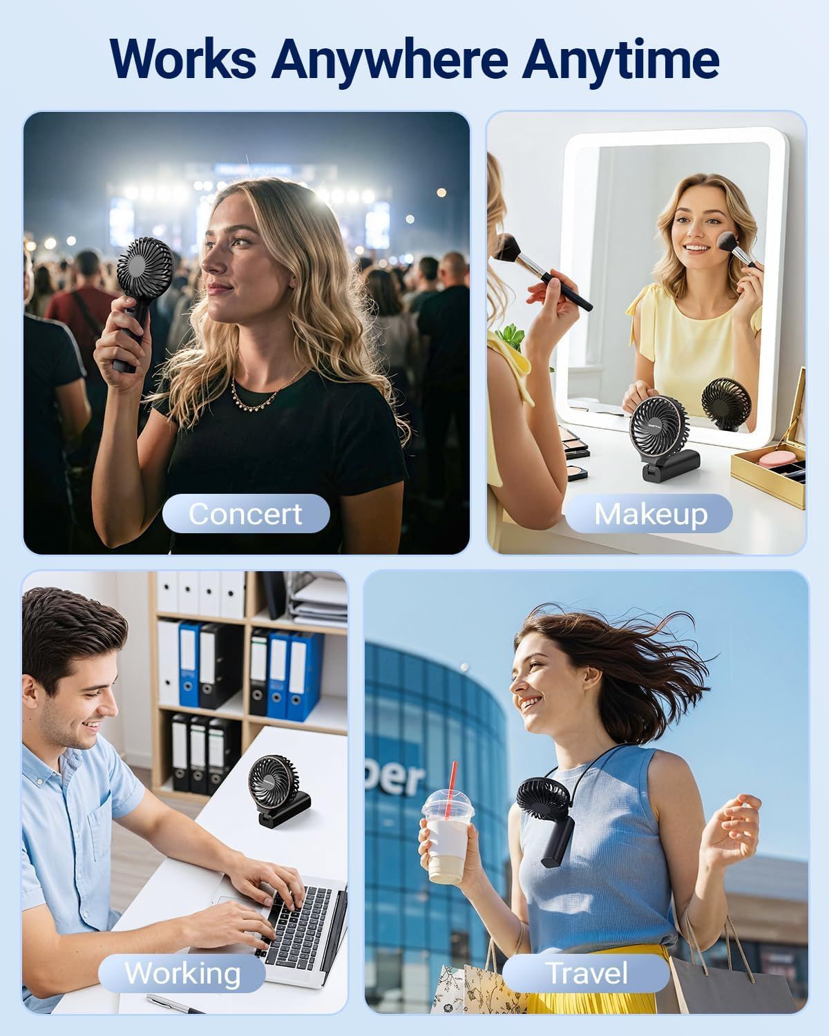 Demonstrates the product's versatility by showing it can be used in multiple real-world scenarios including concerts, makeup application, office work, and travel, reassuring shoppers of its broad…