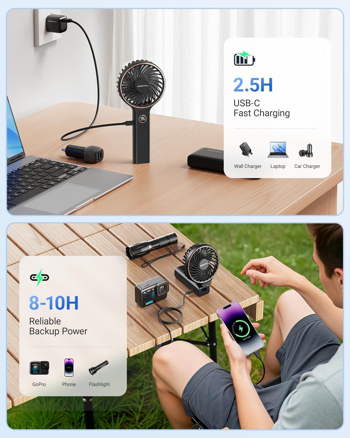 Communicates the product's fast charging capability (2.5 hours) and long battery life (8-10 hours) to reassure shoppers of its efficiency and reliability for extended use. Demonstrates the…