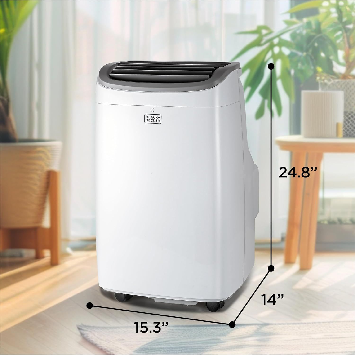 Communicates the exact physical dimensions of the portable air conditioner to help shoppers understand if it will fit in their intended space.